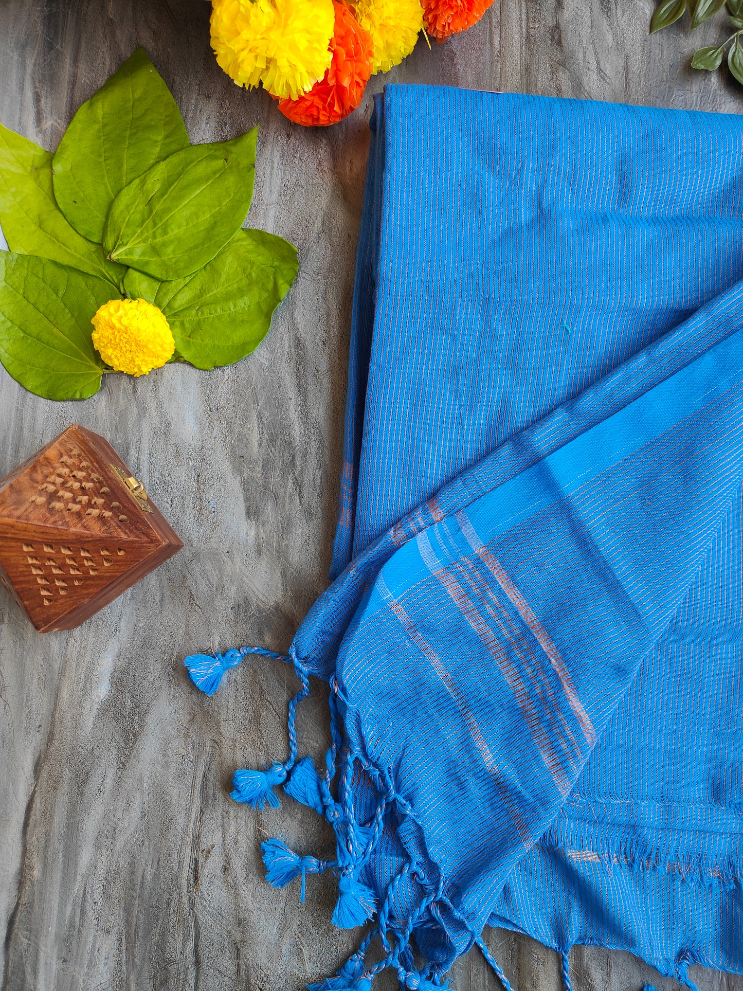 SKY BLUE GOLDEN STRIPE COTTON SAREE