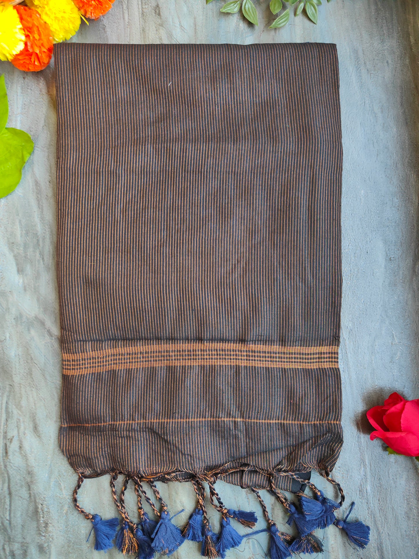 BROWN GOLDEN STRIPE COTTON SAREE