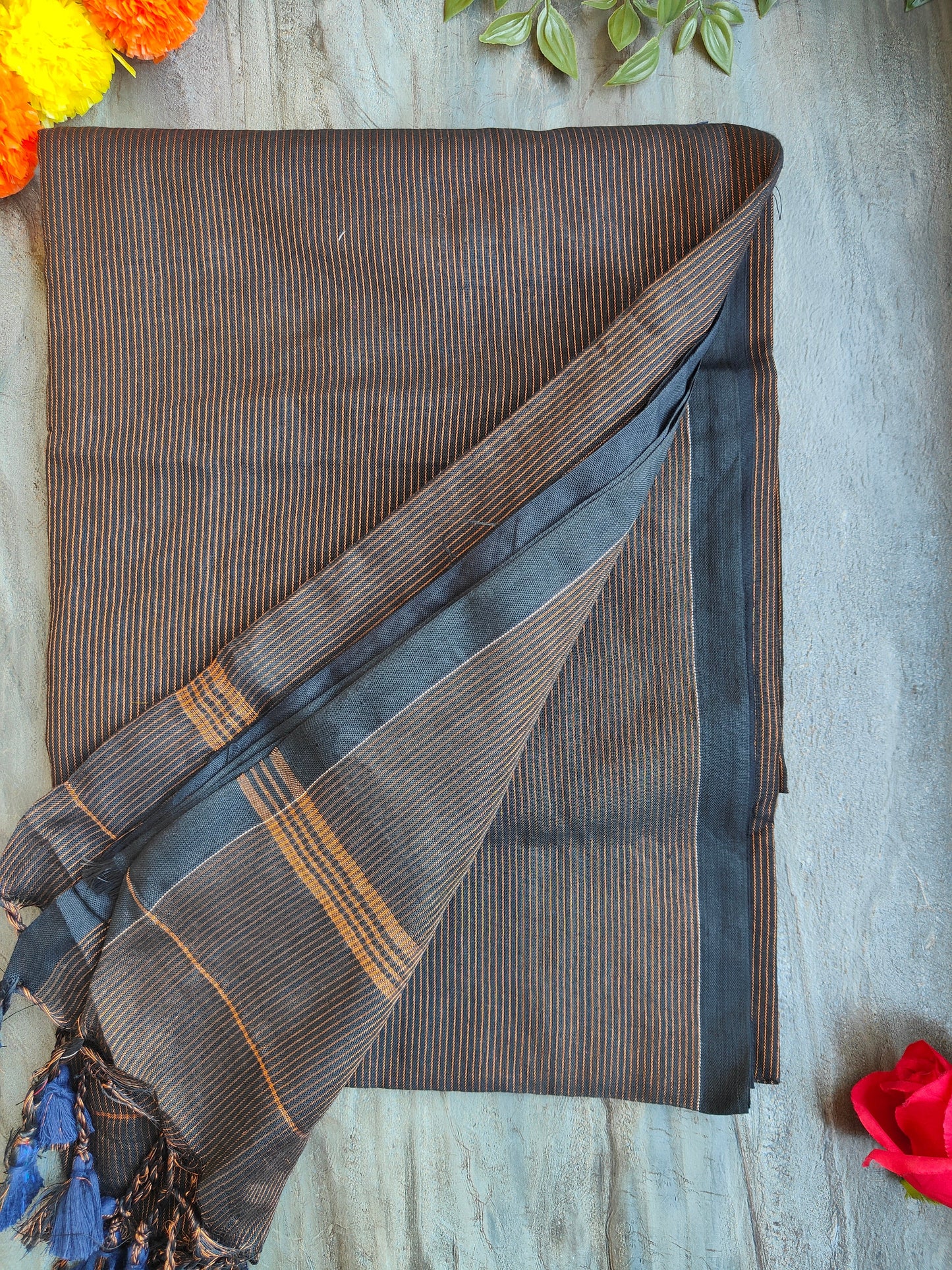 BROWN GOLDEN STRIPE COTTON SAREE