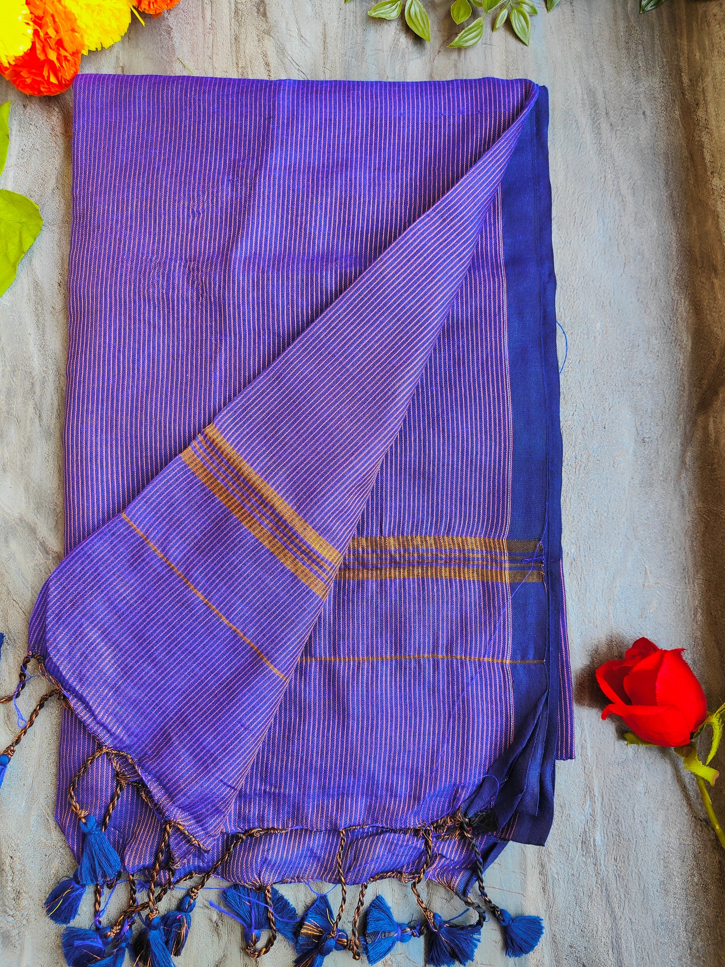 PURPLE GOLDEN STRIPE COTTON SAREE