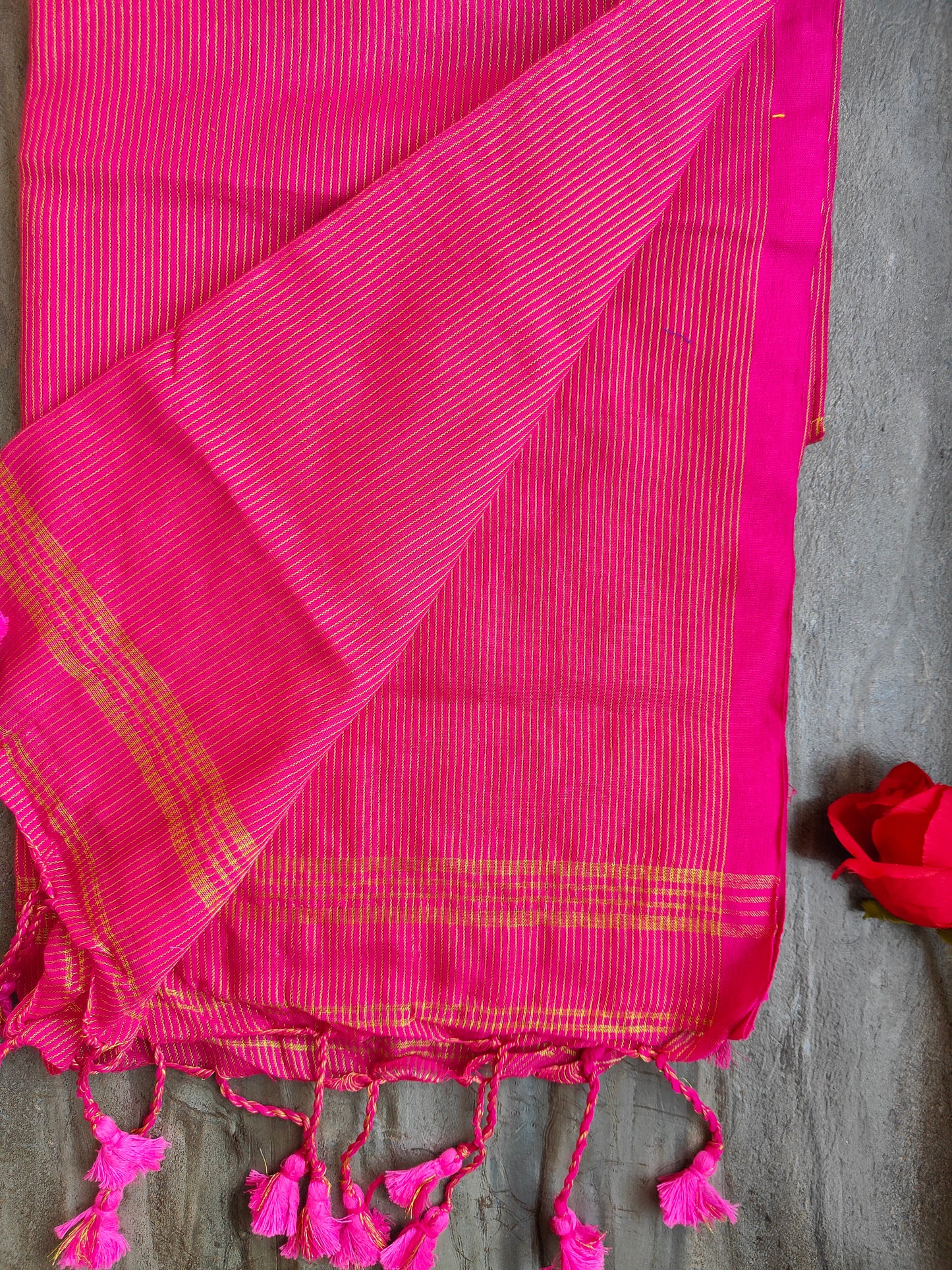 PINK GOLDEN STRIPE COTTON SAREE