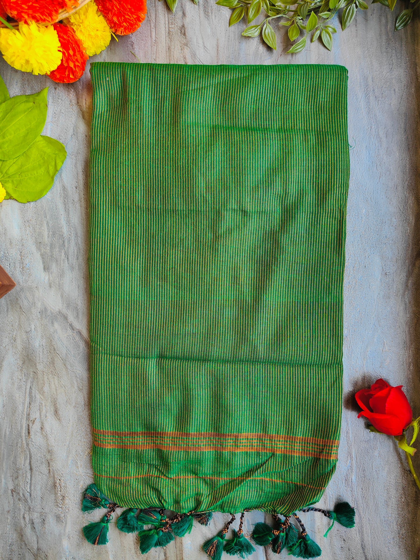 GREEN GOLDEN STRIPE COTTON SAREE