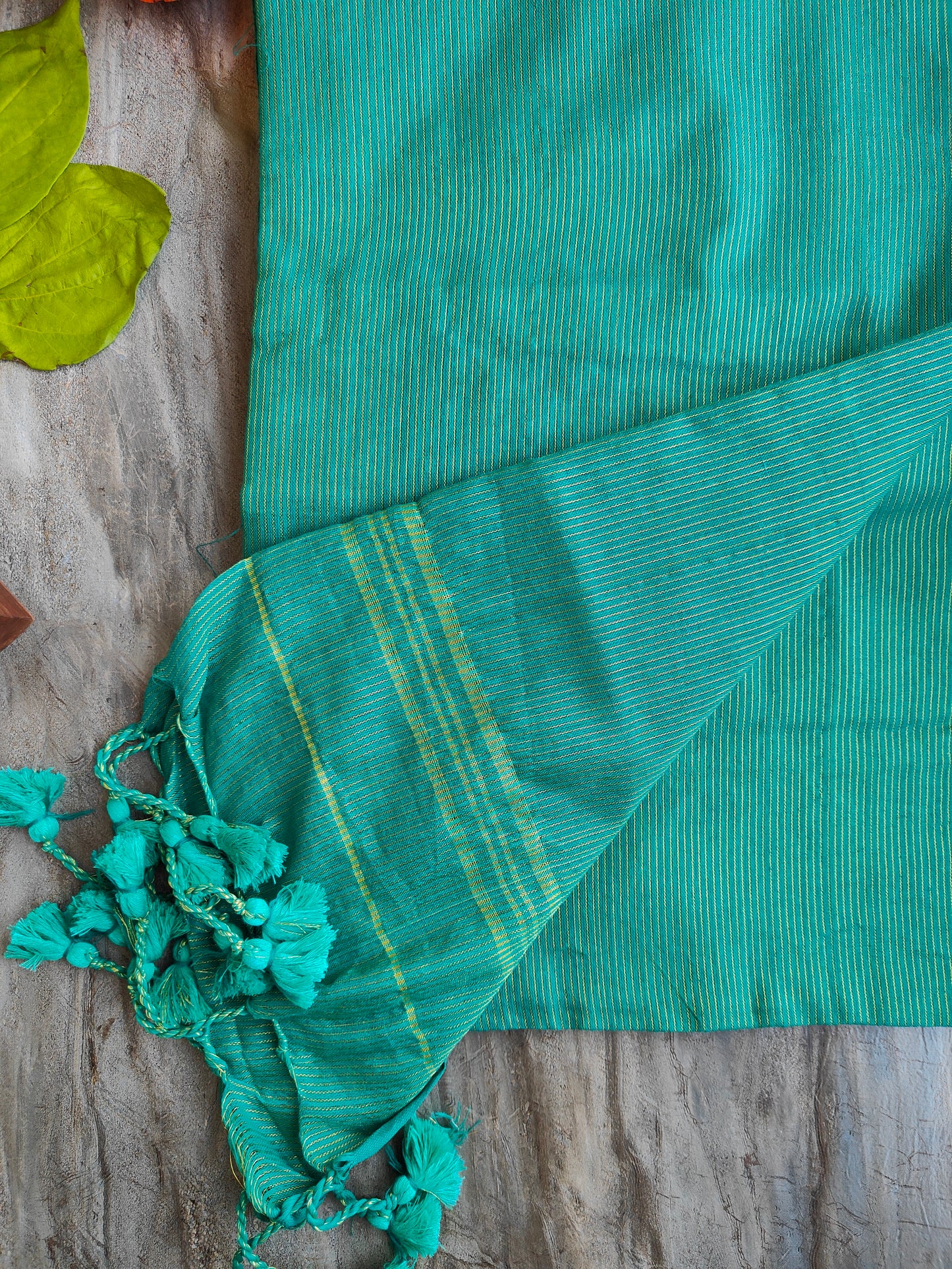 TEAL GOLDEN STRIPE COTTON SAREE