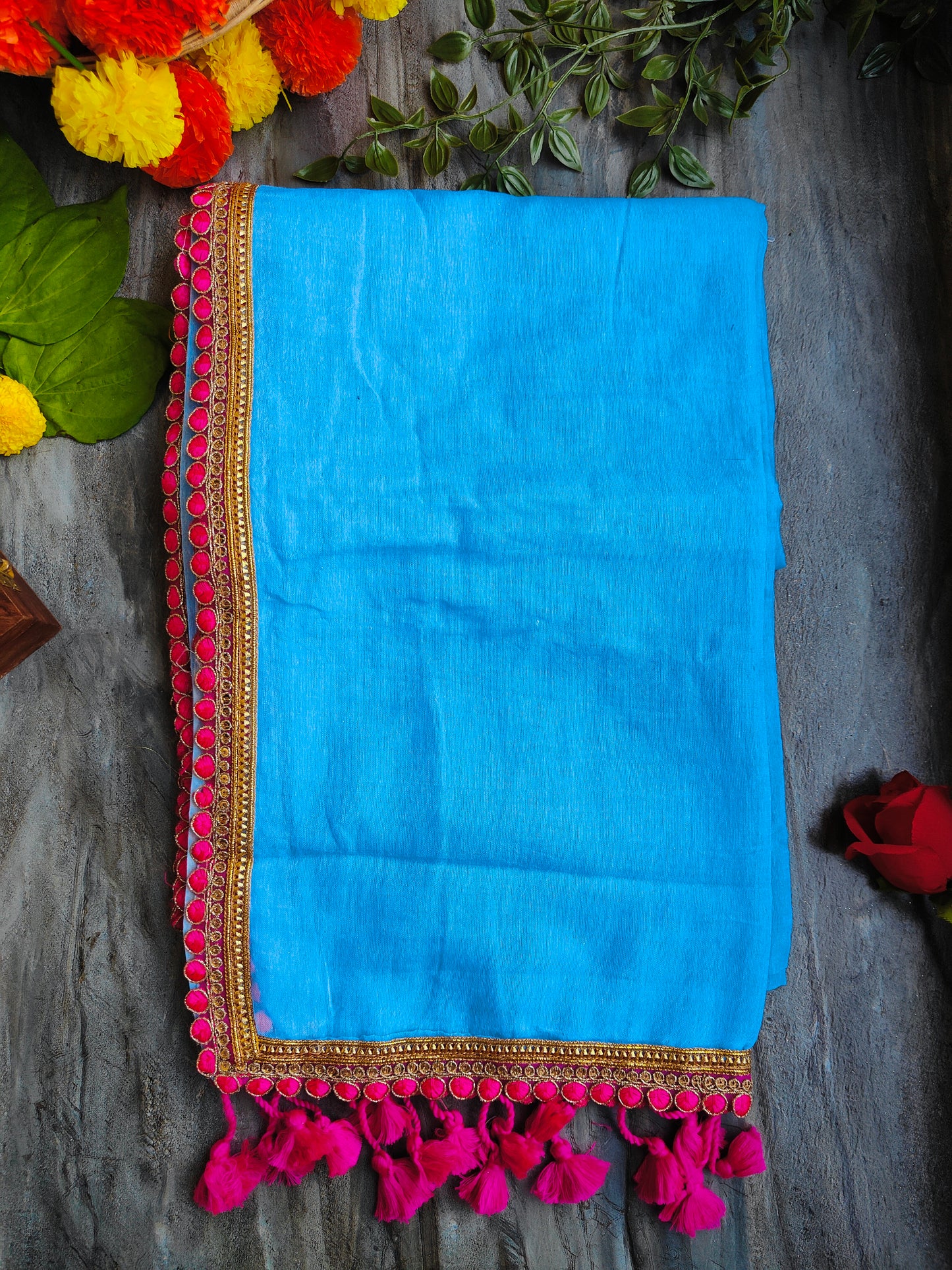 SKY BLUE LACE MUL COTTON SAREE