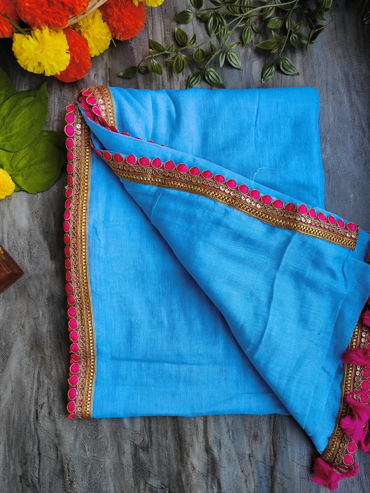 SKY BLUE LACE MUL COTTON SAREE