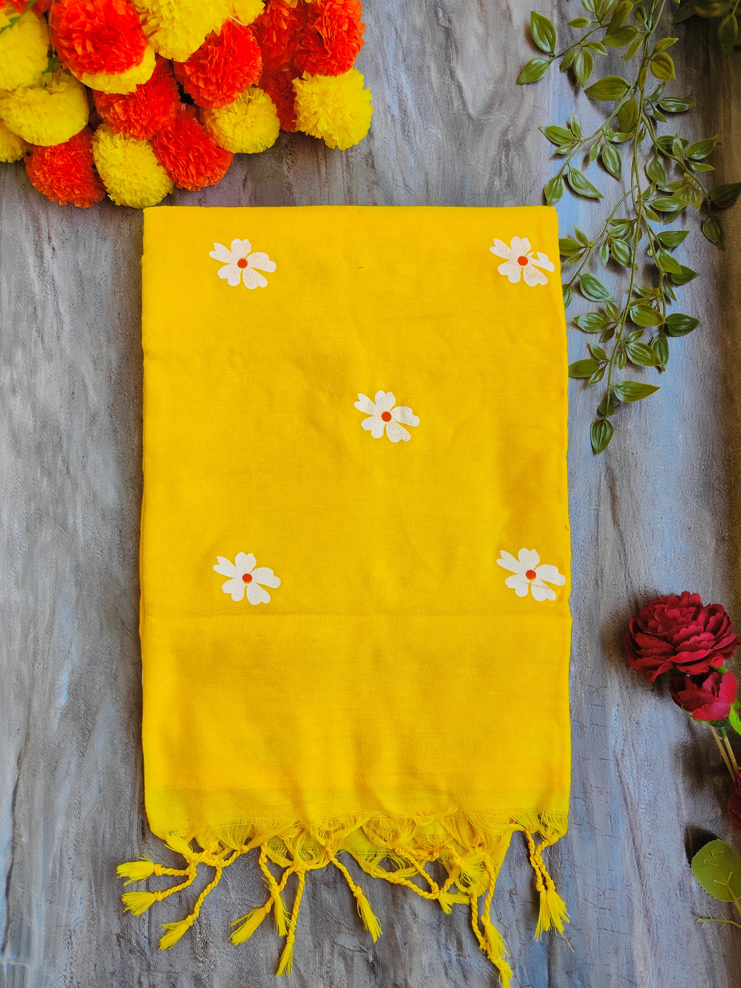YELLOW JASMINE HAND PAINTED KHADI COTTON SAREE
