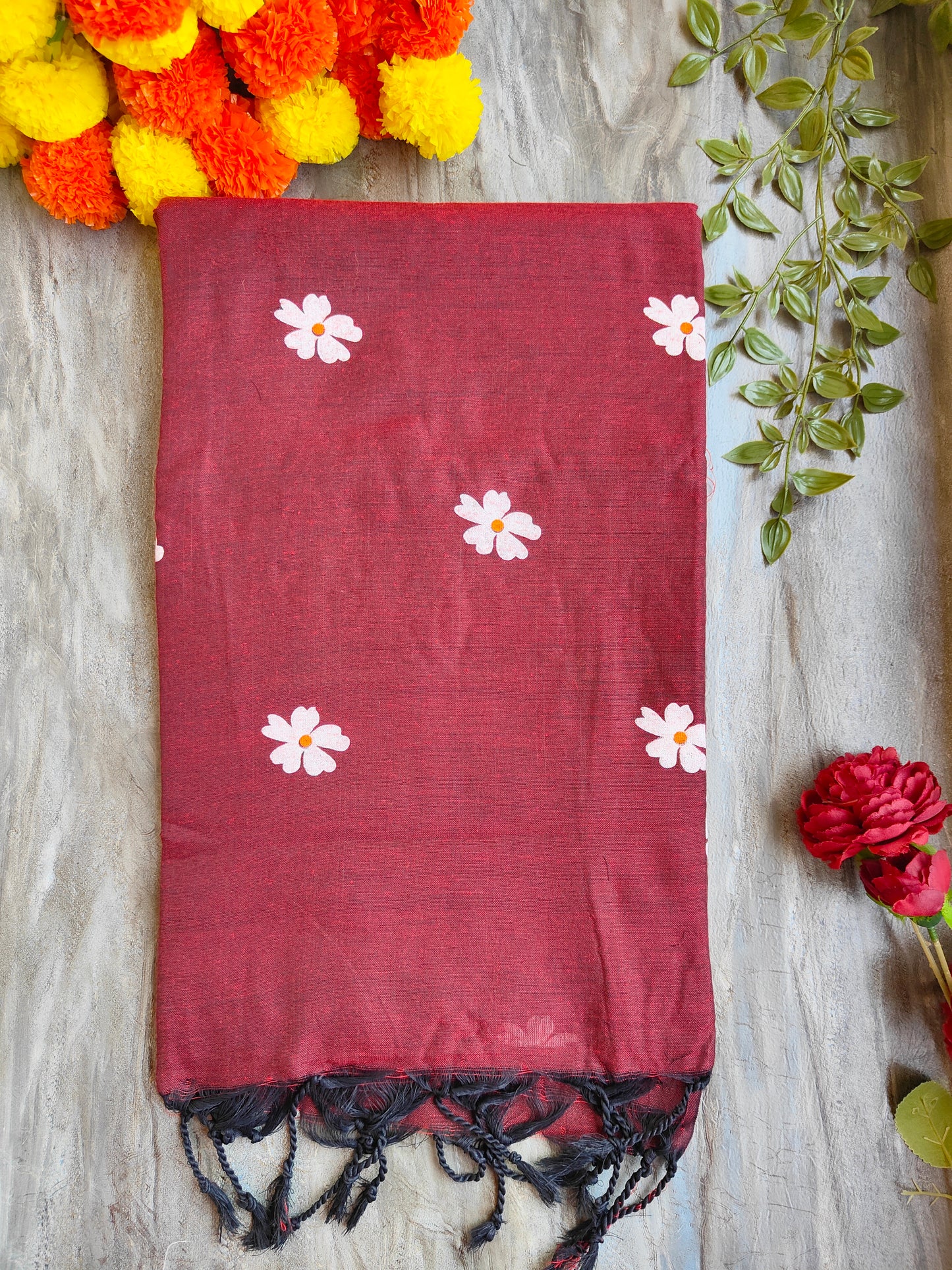 MAROON JASMINE HAND PAINTED KHADI COTTON SAREE