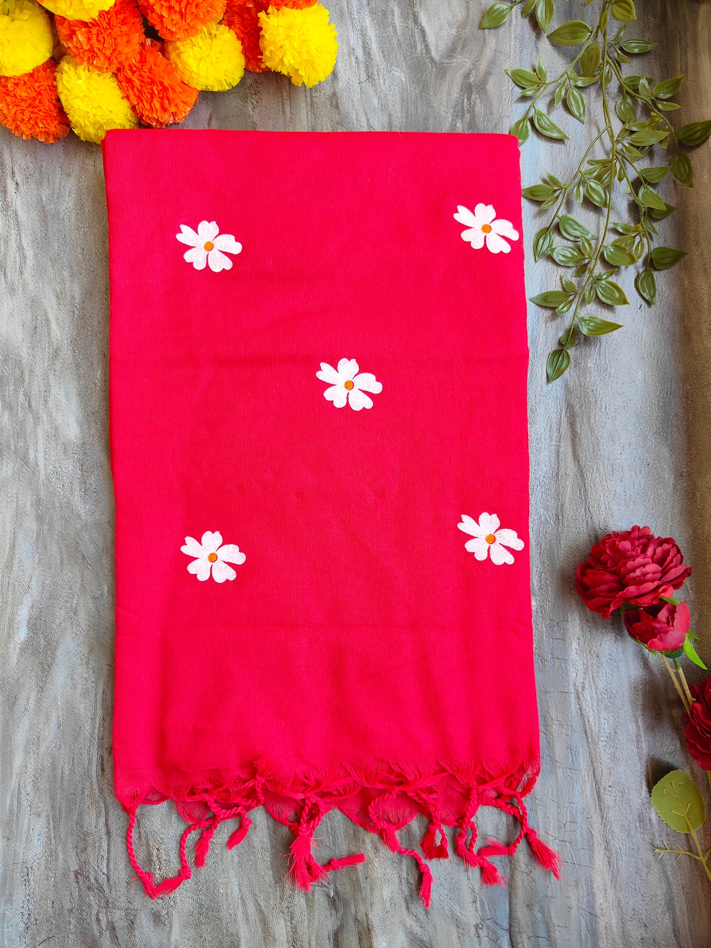 RED JASMINE HAND PAINTED KHADI COTTON SAREE