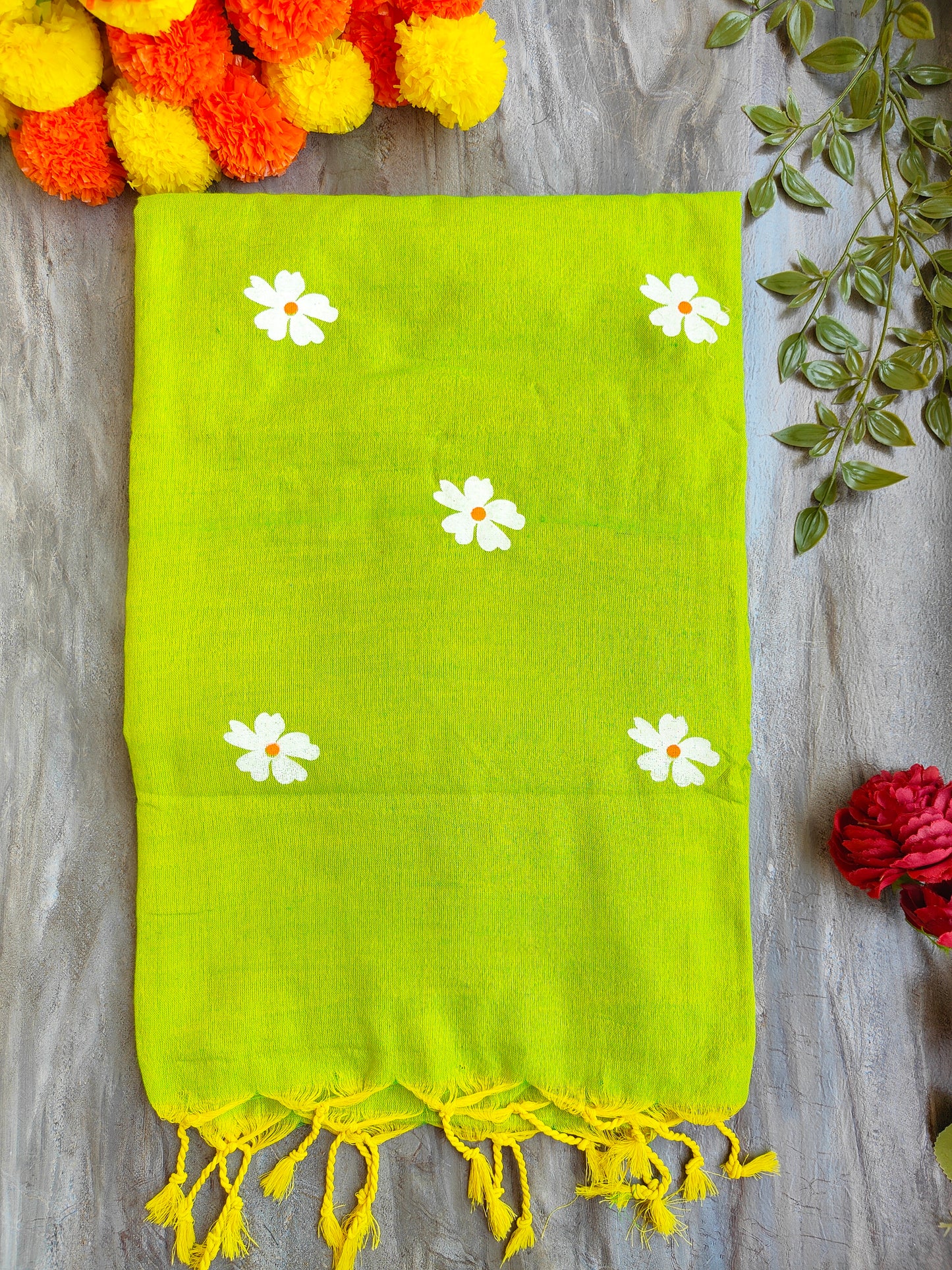 PARROT GREEN JASMINE HAND PAINTED KHADI COTTON SAREE