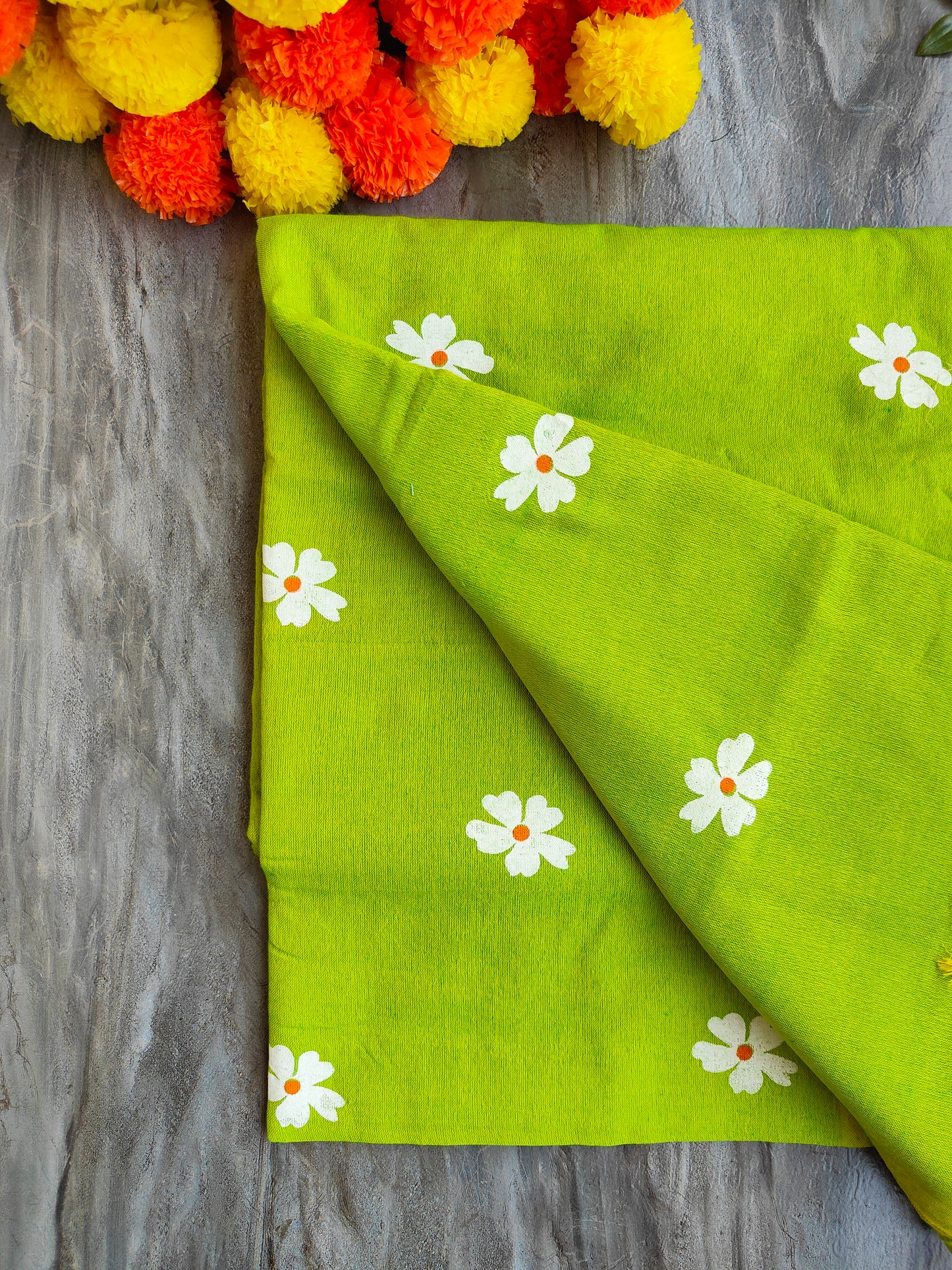 PARROT GREEN JASMINE HAND PAINTED KHADI COTTON SAREE