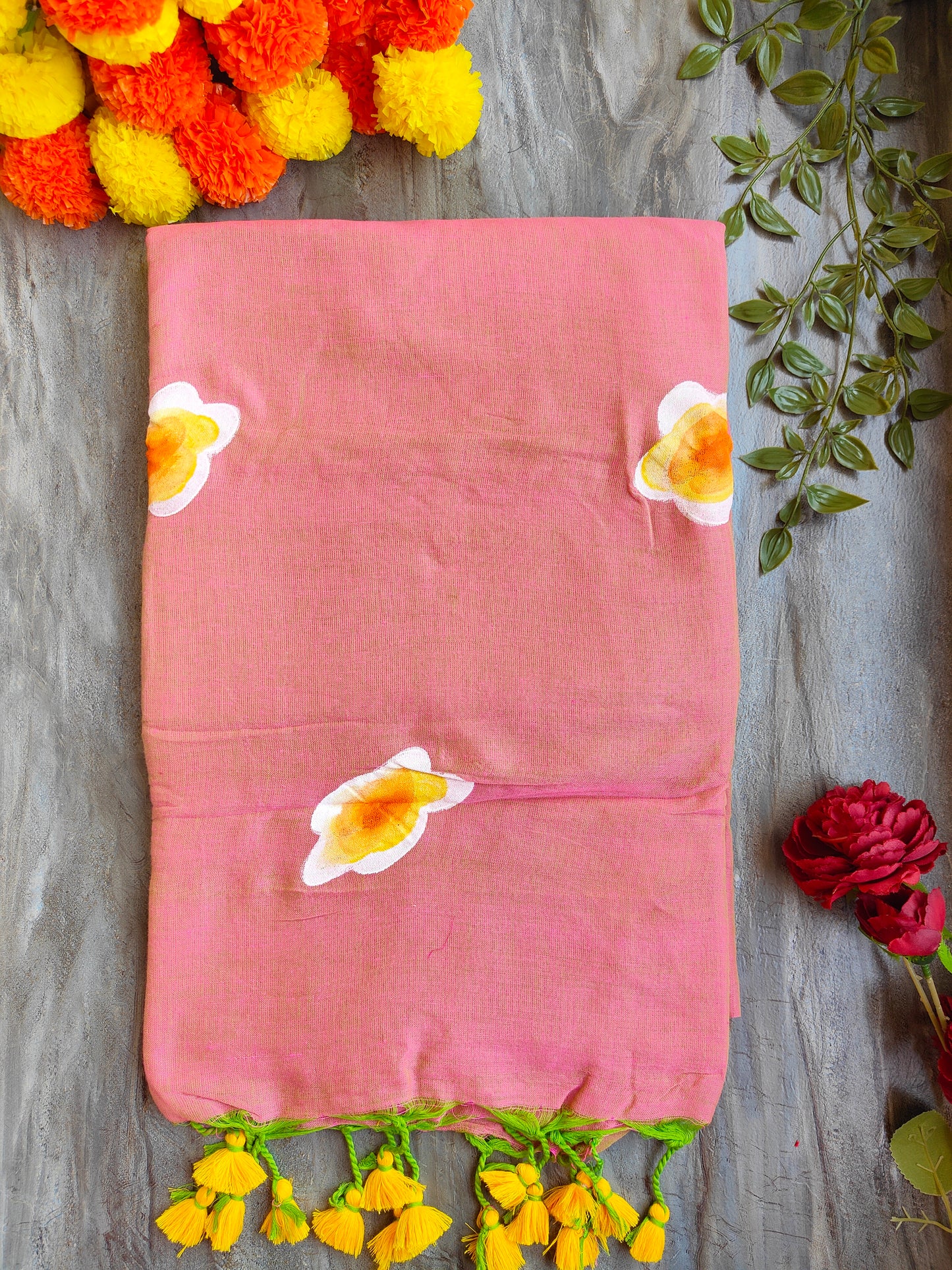 PEACH SUNFLOWER HAND PAINTED KHADI COTTON SAREE