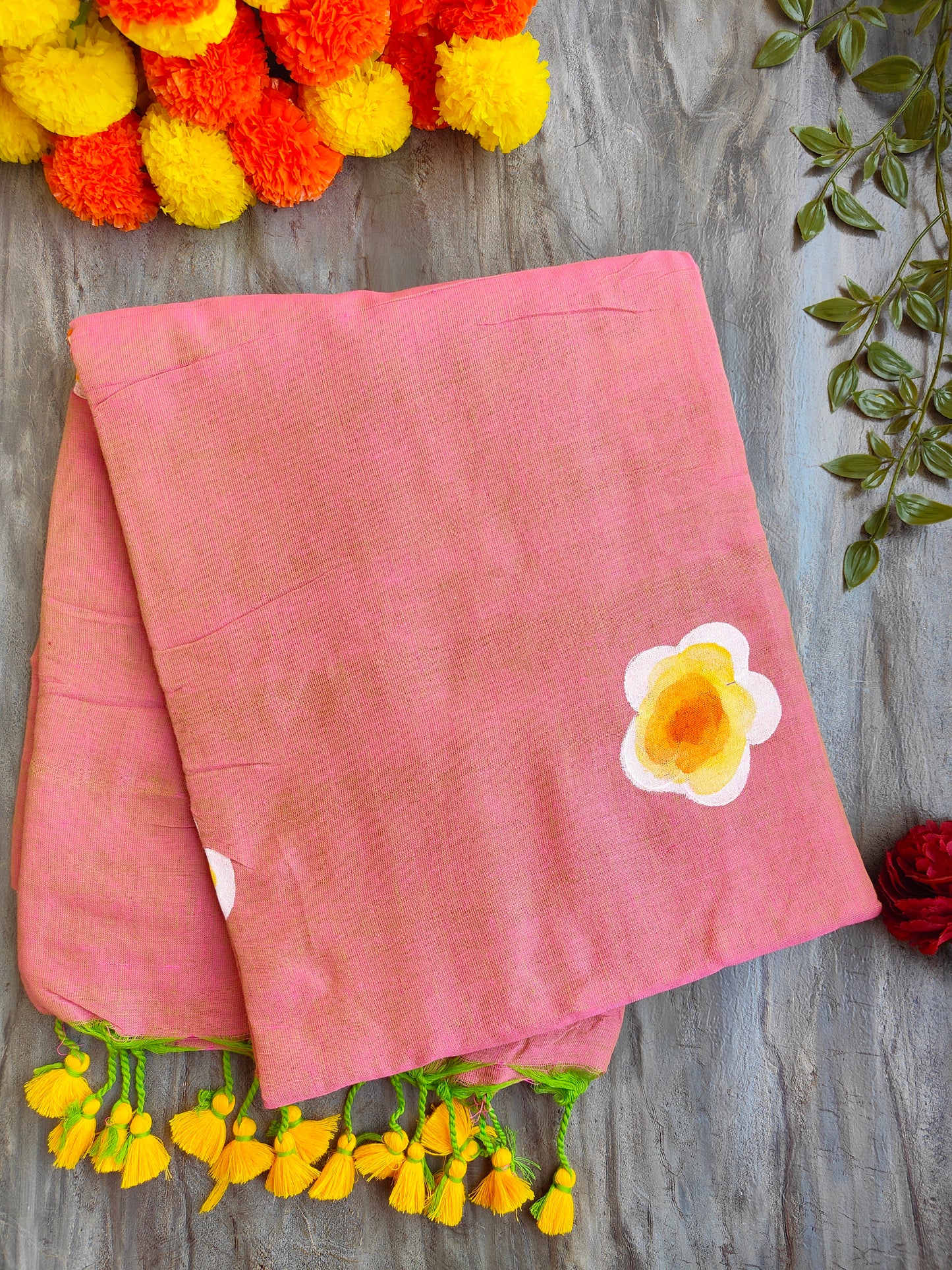 PEACH SUNFLOWER HAND PAINTED KHADI COTTON SAREE