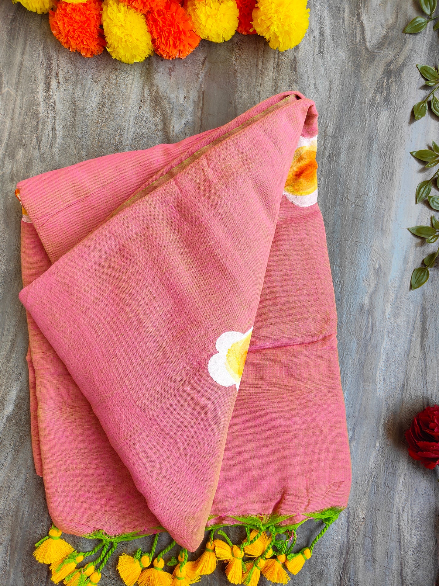 PEACH SUNFLOWER HAND PAINTED KHADI COTTON SAREE