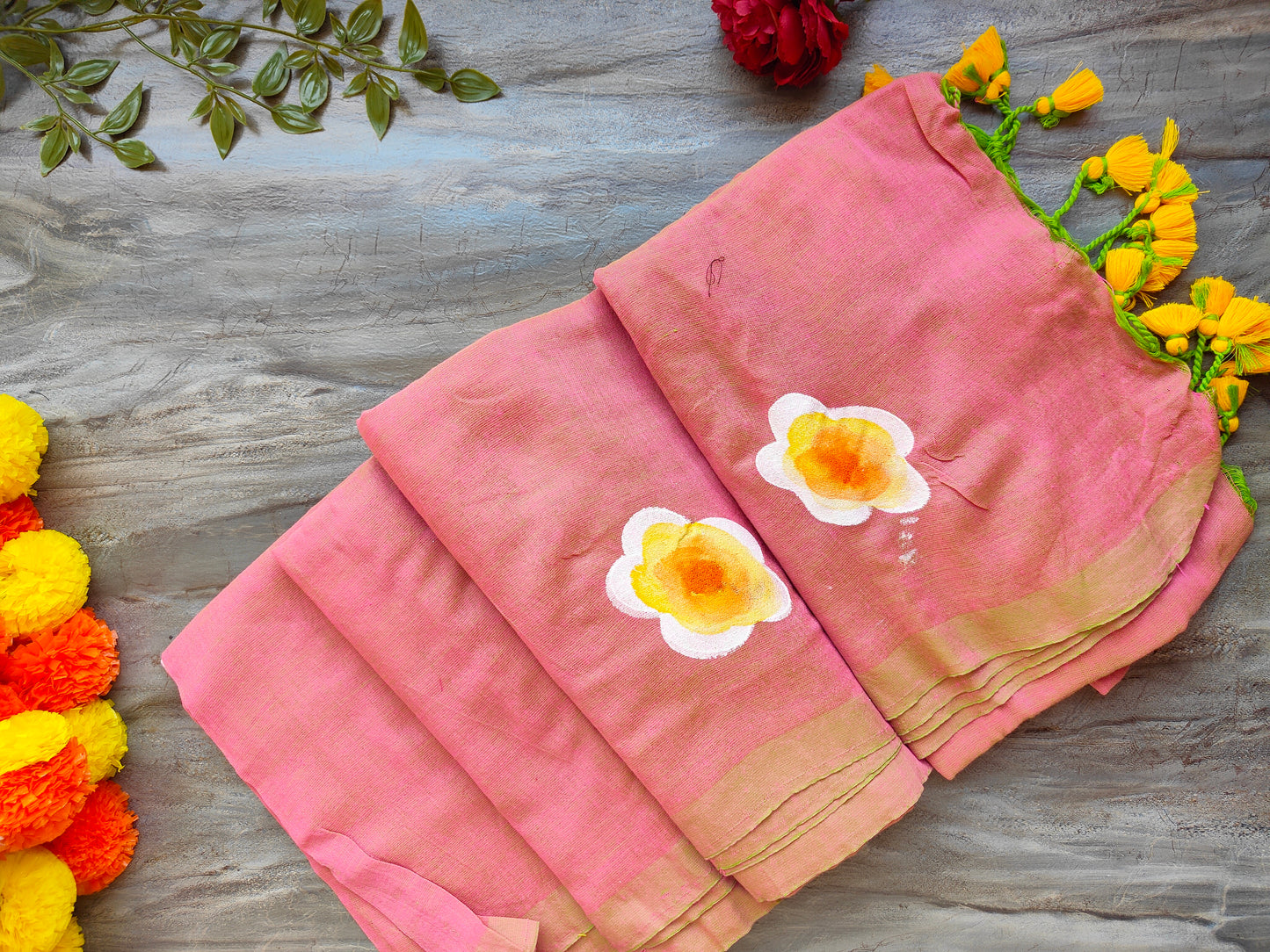 PEACH SUNFLOWER HAND PAINTED KHADI COTTON SAREE