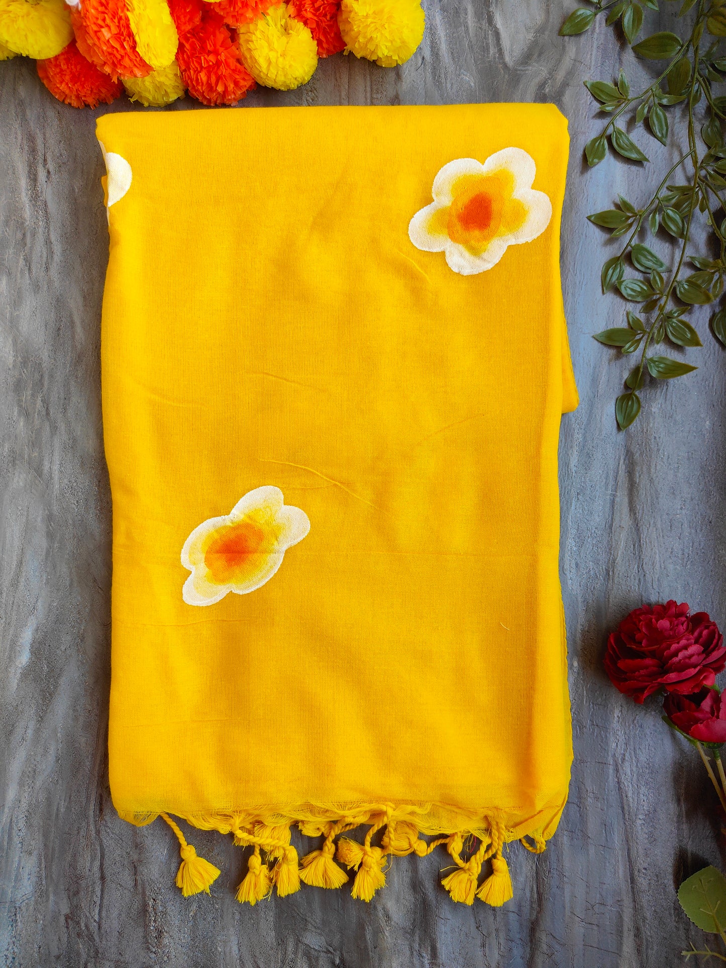 YELLOW SUNFLOWER HAND PAINTED KHADI COTTON SAREE