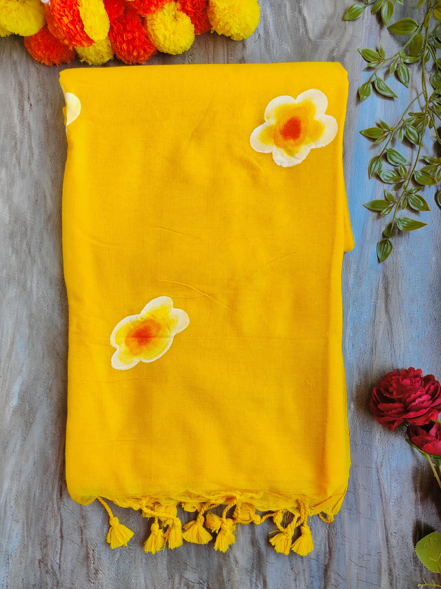 YELLOW SUNFLOWER HAND PAINTED KHADI COTTON SAREE