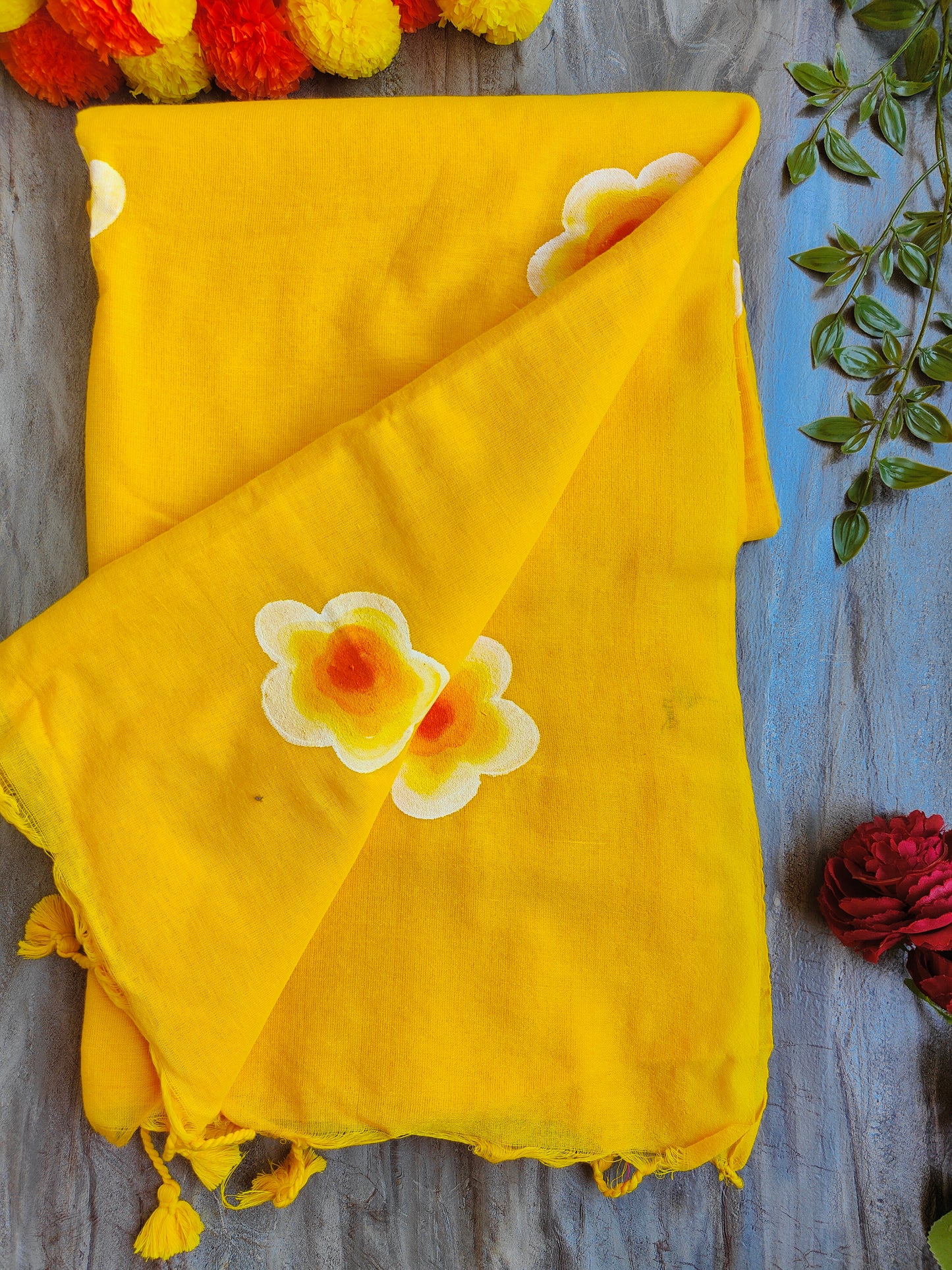 YELLOW SUNFLOWER HAND PAINTED KHADI COTTON SAREE