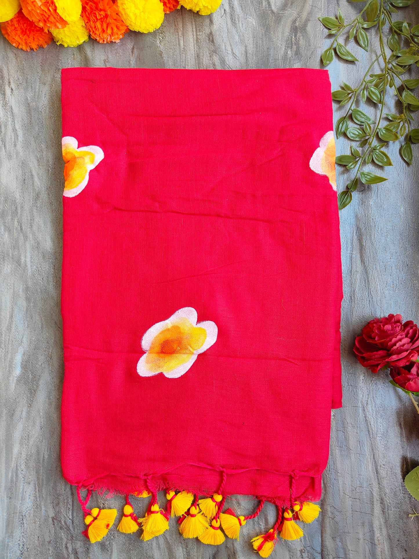 RED SUNFLOWER HAND PAINTED KHADI COTTON SAREE