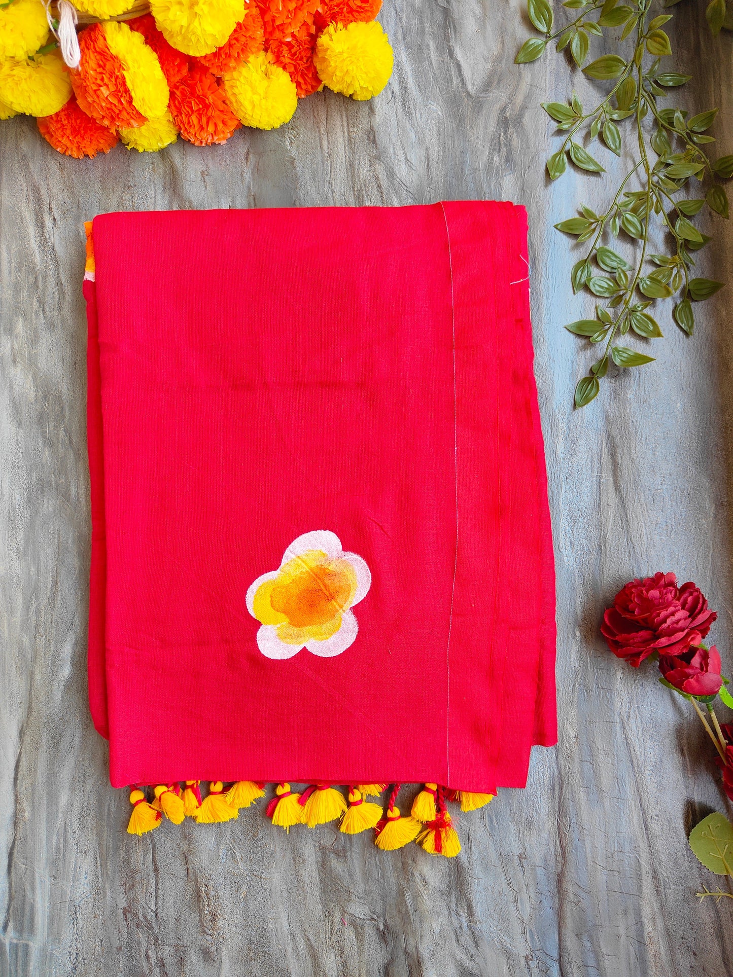RED SUNFLOWER HAND PAINTED KHADI COTTON SAREE