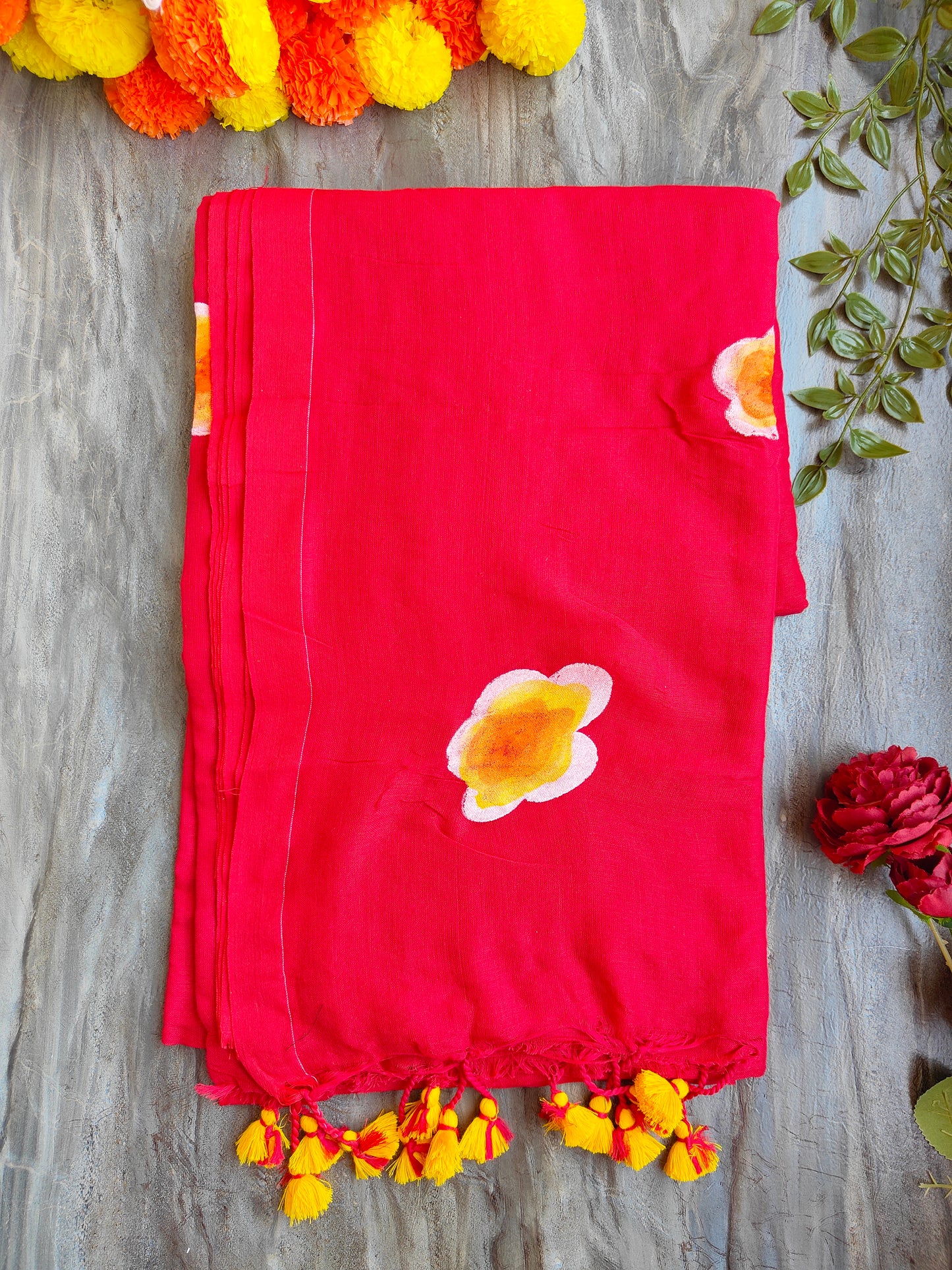 RED SUNFLOWER HAND PAINTED KHADI COTTON SAREE