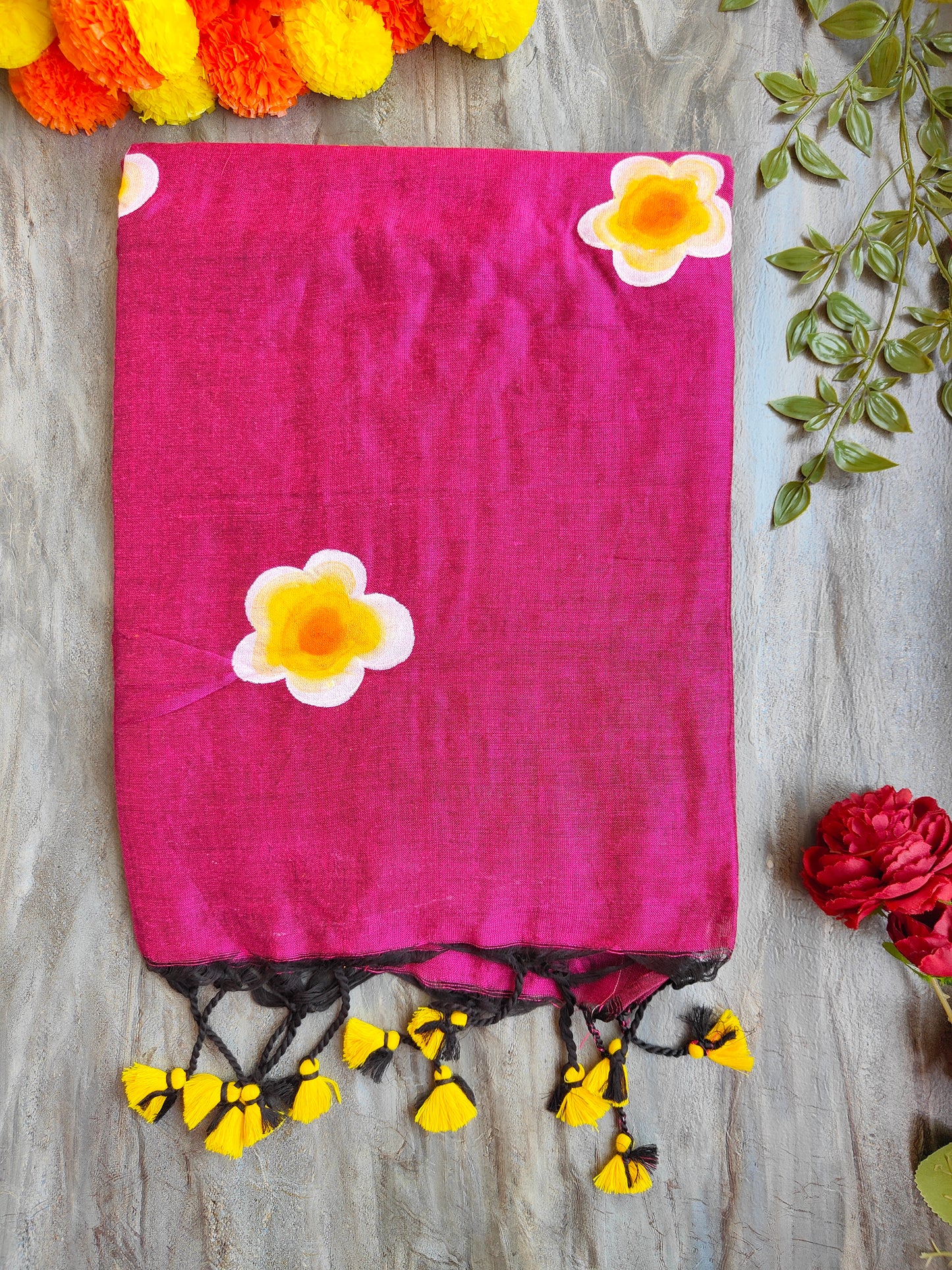 MAGENTA SUNFLOWER HAND PAINTED KHADI COTTON SAREE