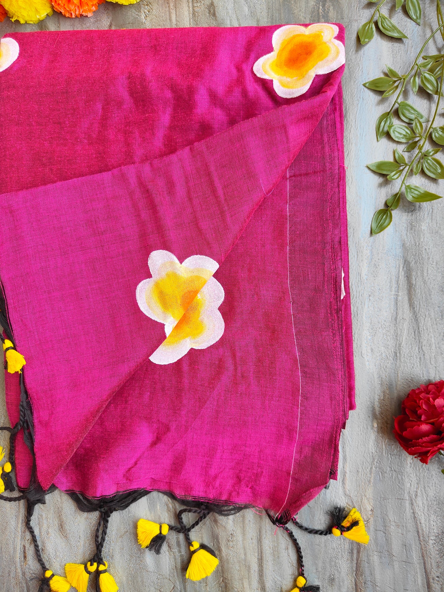 MAGENTA SUNFLOWER HAND PAINTED KHADI COTTON SAREE