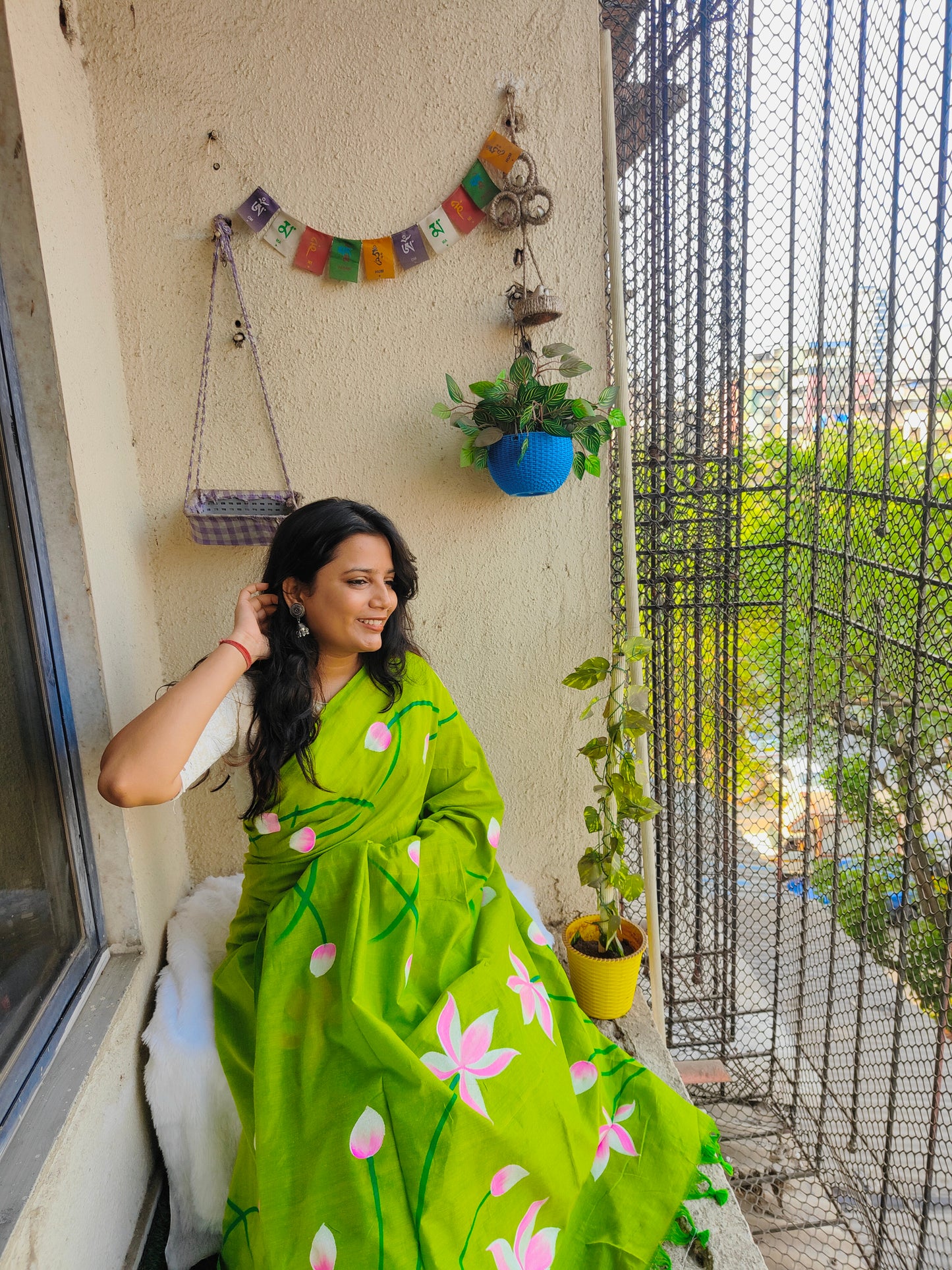 PARROT GREEN LOTUS HAND PAINTED KHADI COTTON SAREE