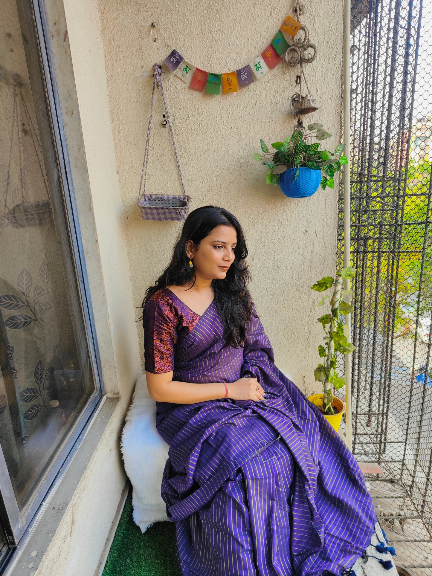PURPLE GOLDEN STRIPE COTTON SAREE