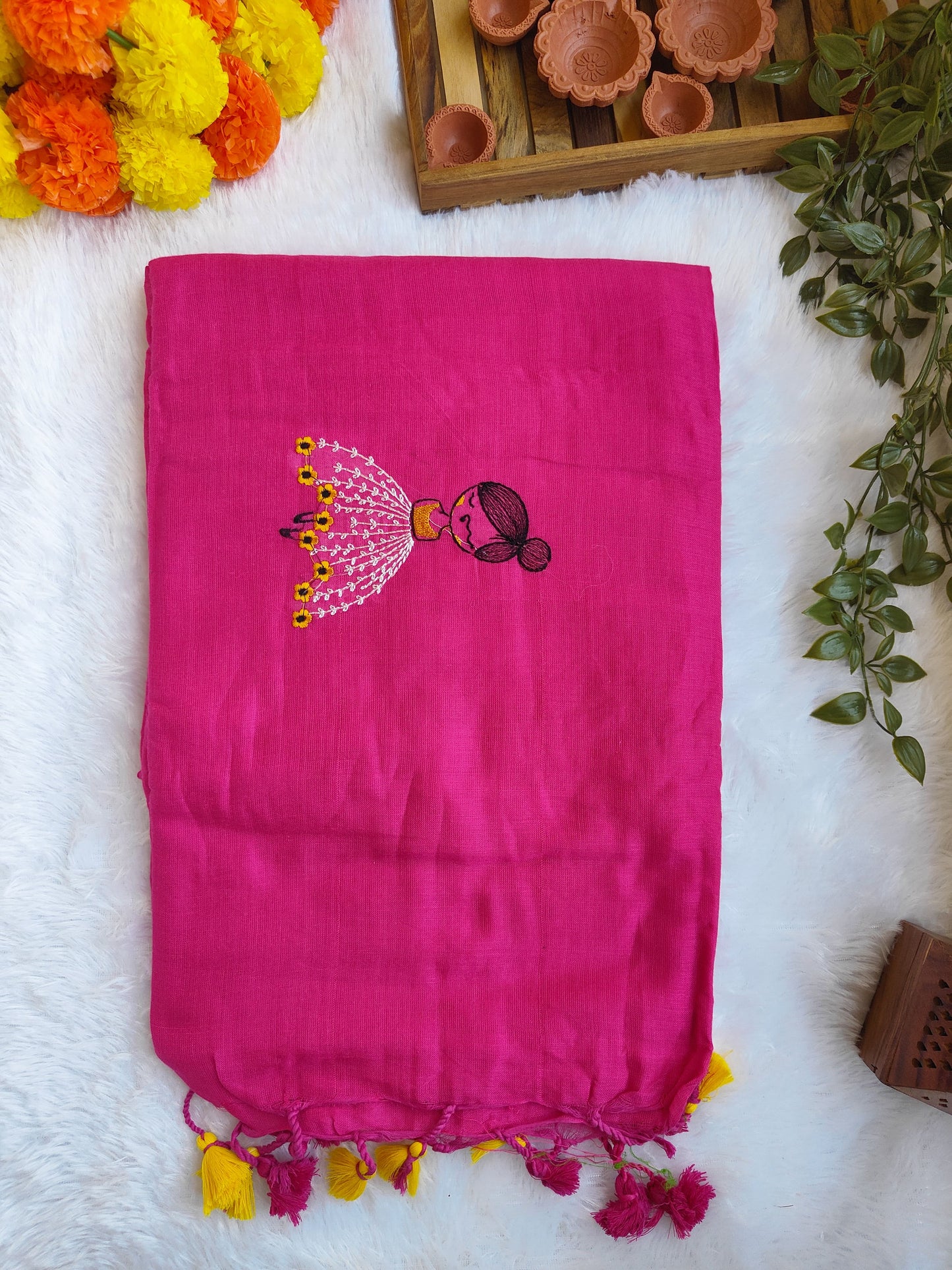 PINK DOLL EMBROIDERED KHADI COTTON SAREE