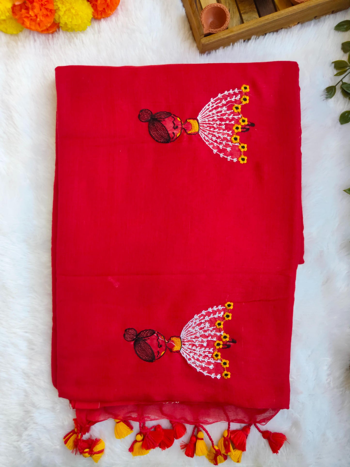 RED DOLL EMBROIDERED KHADI COTTON SAREE