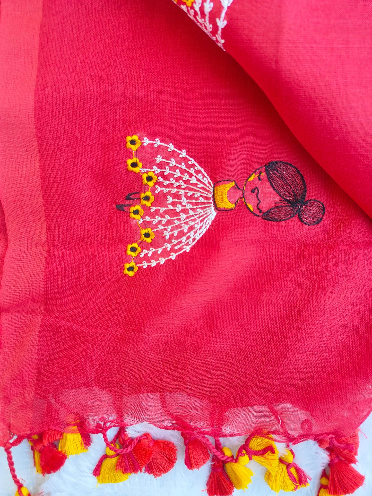 RED DOLL EMBROIDERED KHADI COTTON SAREE