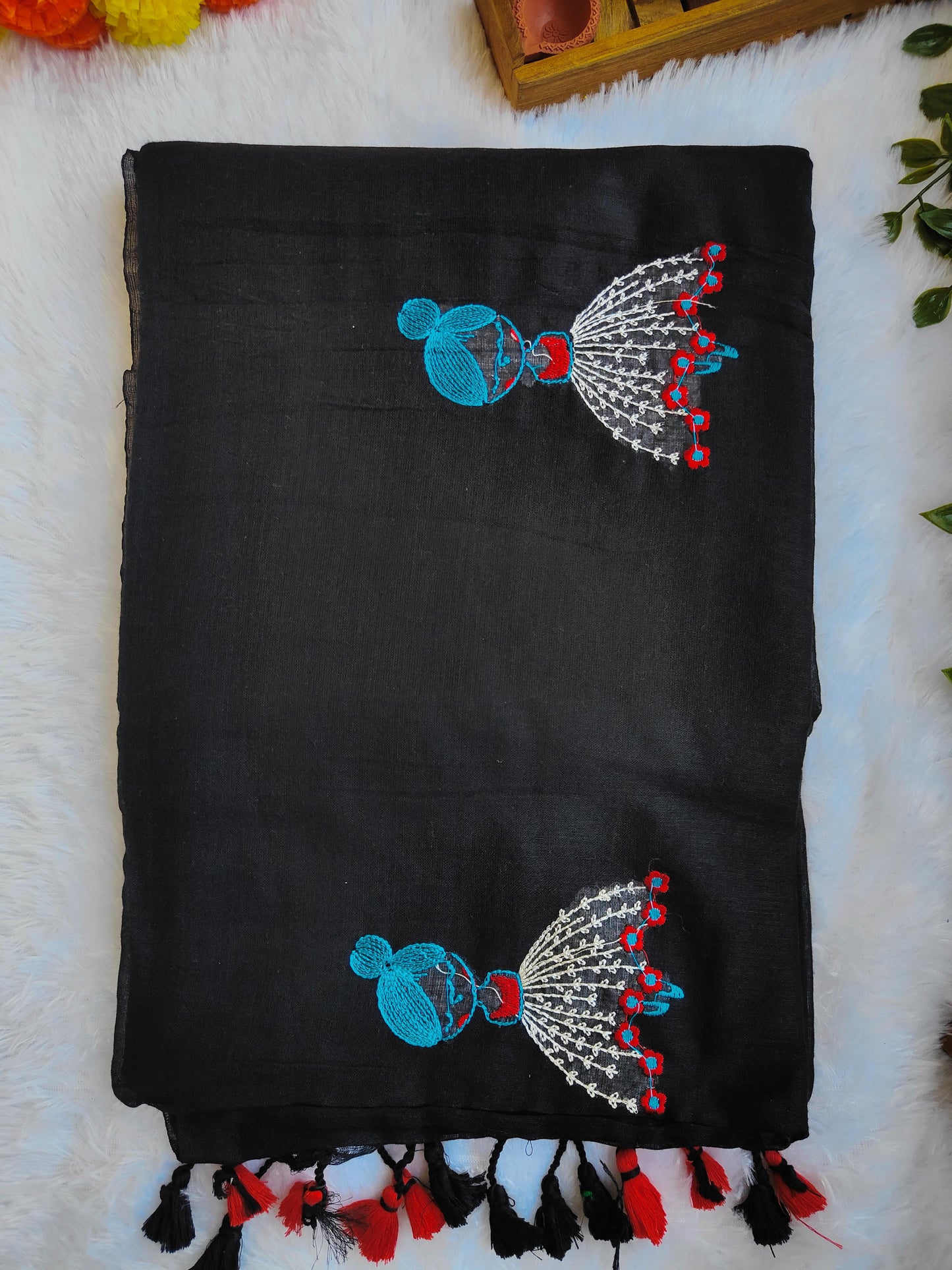BLACK DOLL EMBROIDERED KHADI COTTON SAREE