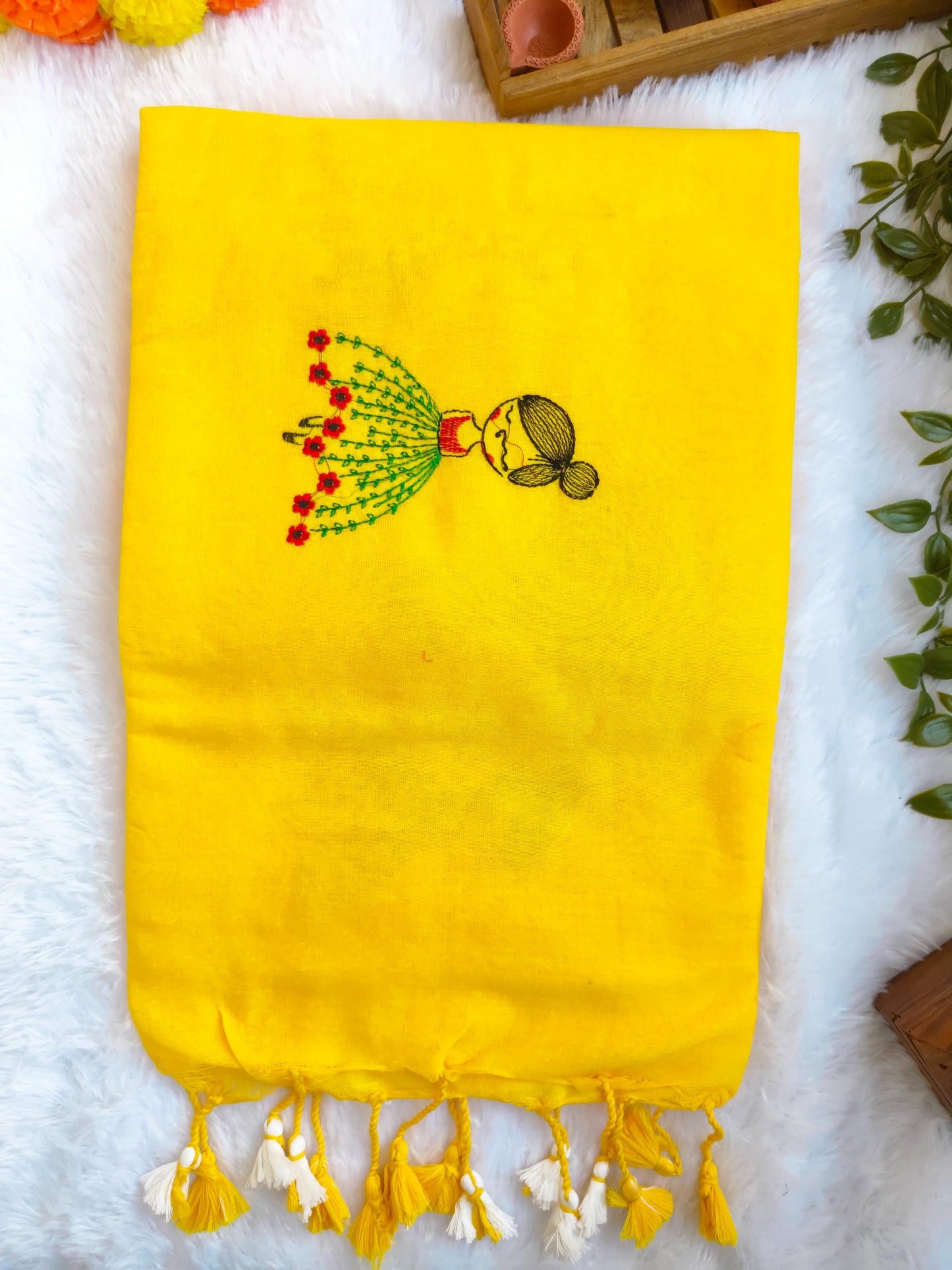 YELLOW DOLL EMBROIDERED KHADI COTTON SAREE