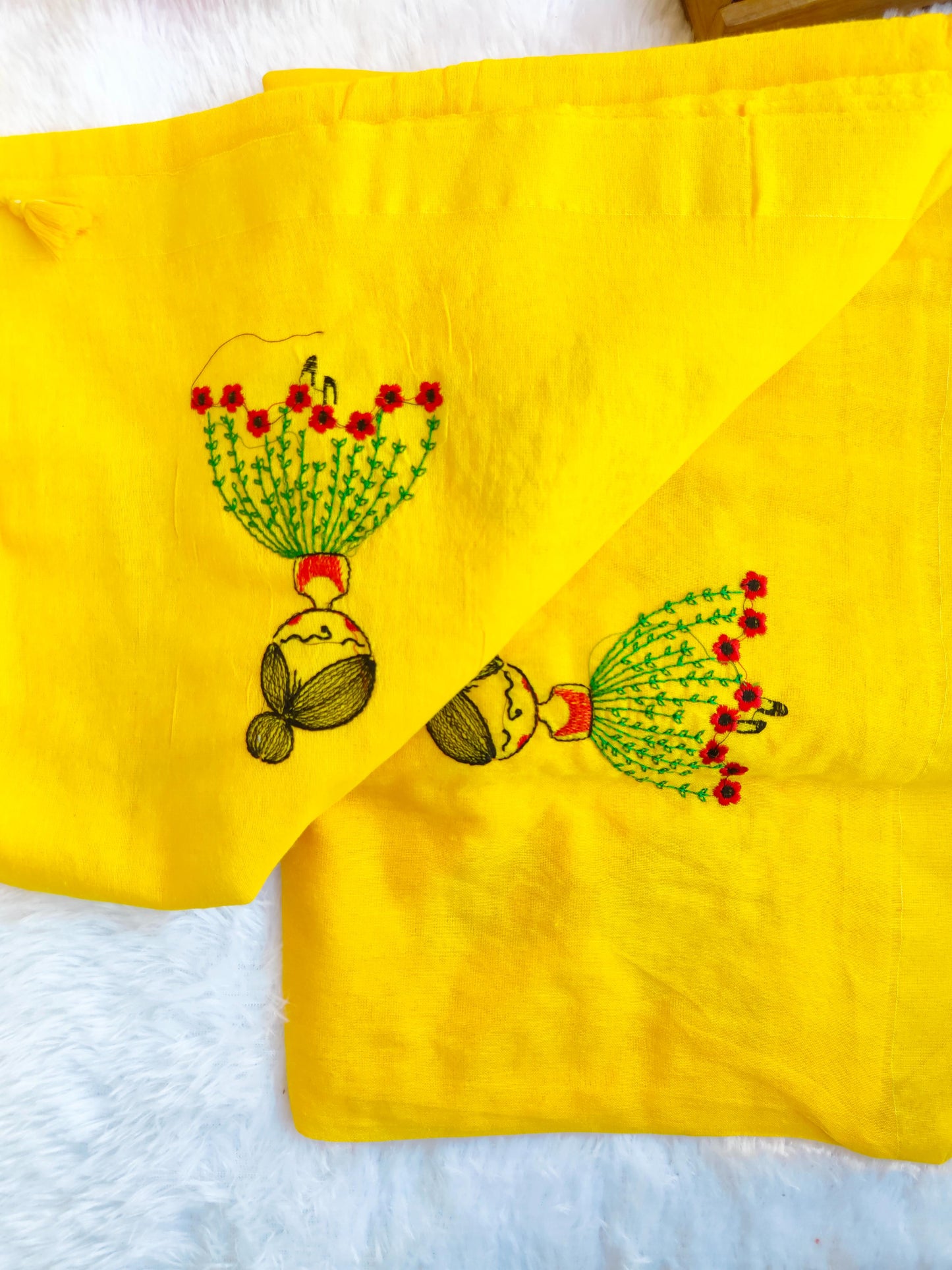 YELLOW DOLL EMBROIDERED KHADI COTTON SAREE