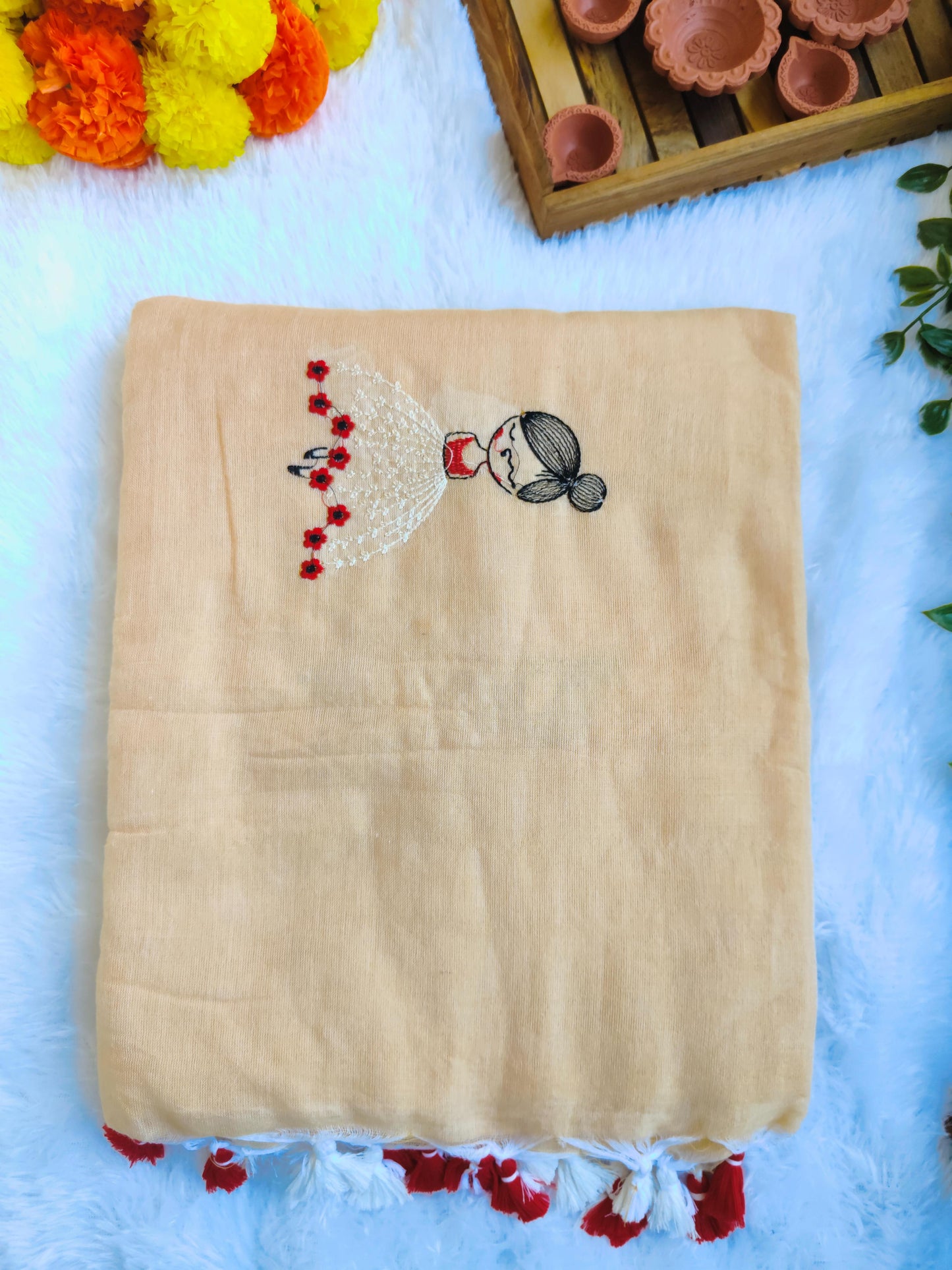 BEIGE DOLL EMBROIDERED KHADI COTTON SAREE