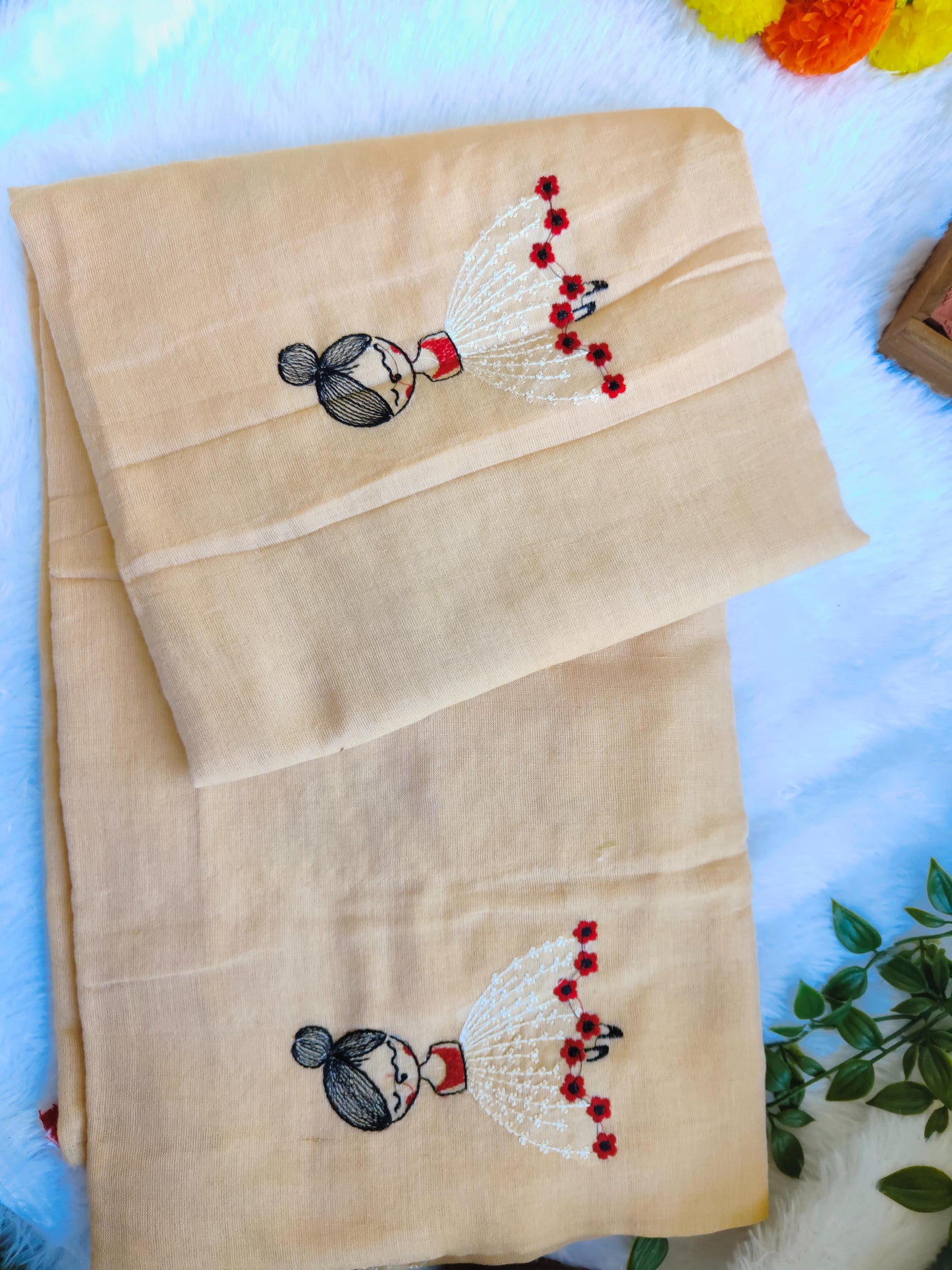 BEIGE DOLL EMBROIDERED KHADI COTTON SAREE