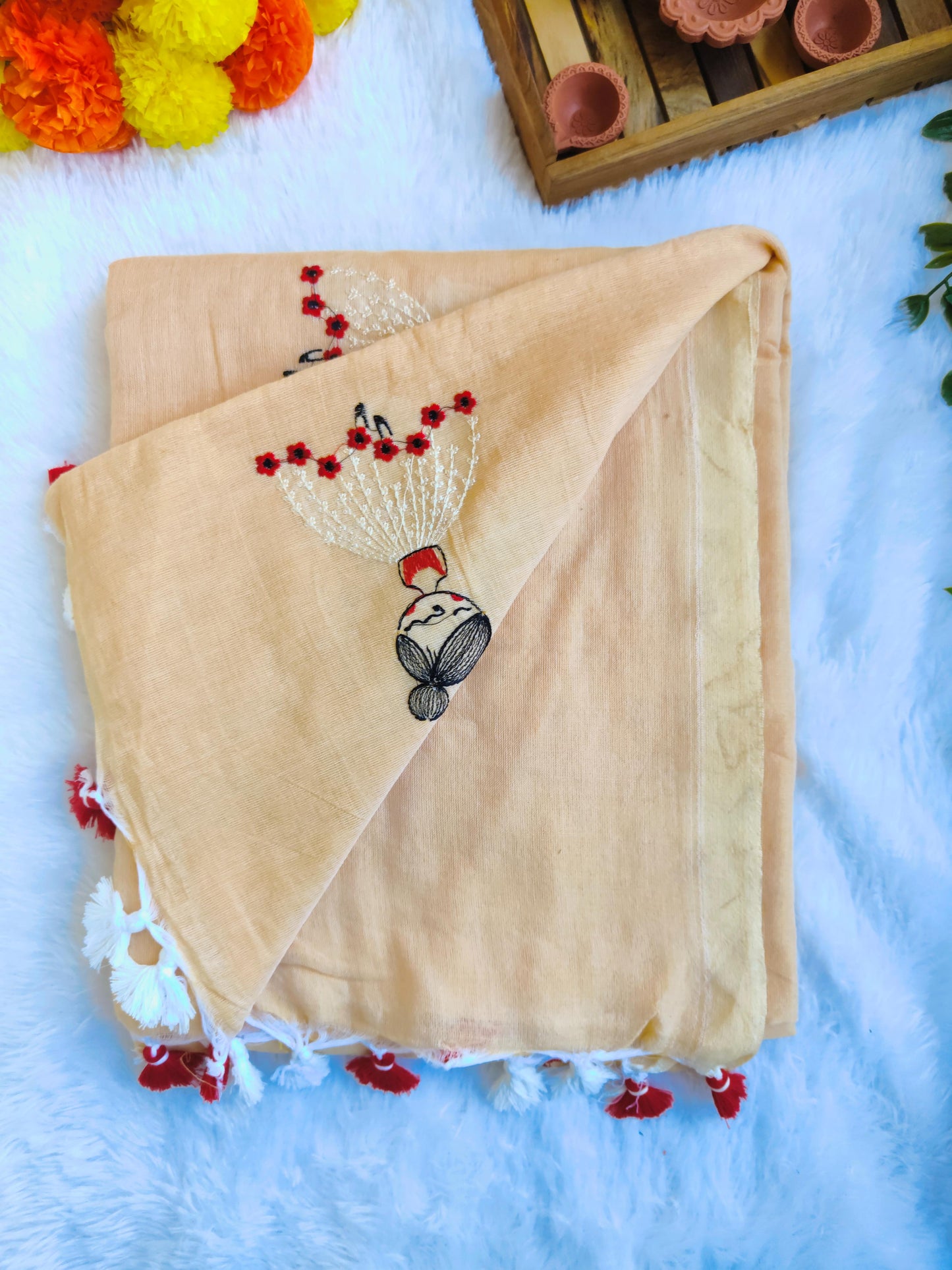 BEIGE DOLL EMBROIDERED KHADI COTTON SAREE