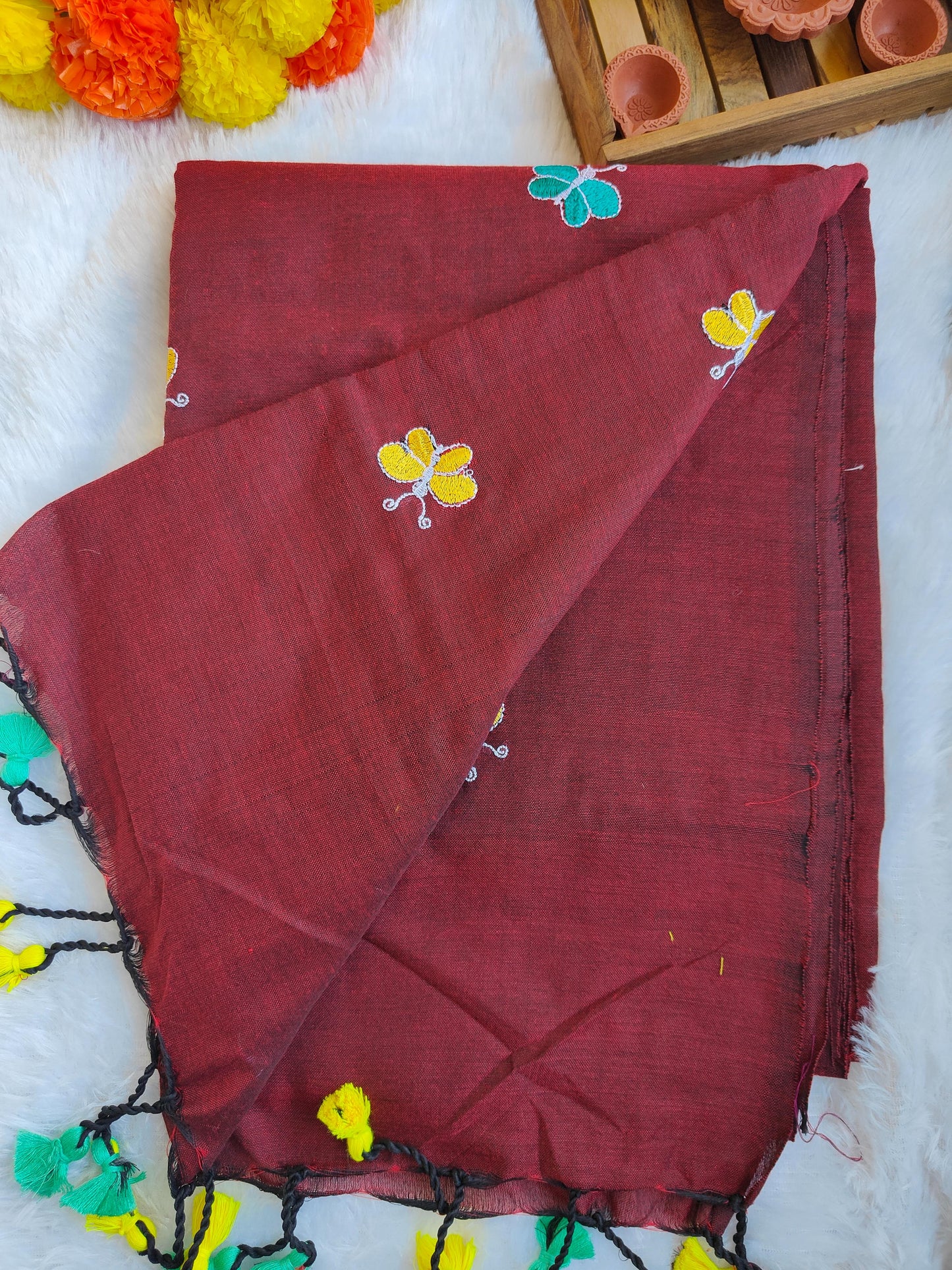 MAROON BUTTERFLY KHADI COTTON SAREE