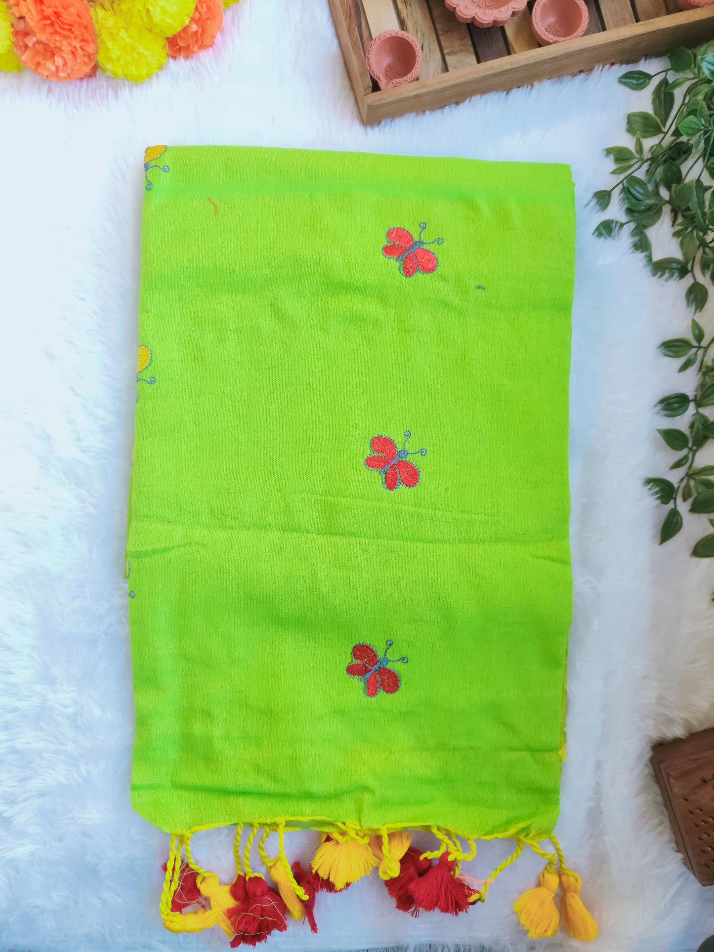 PARROT GREEN BUTTERFLY KHADI COTTON SAREE