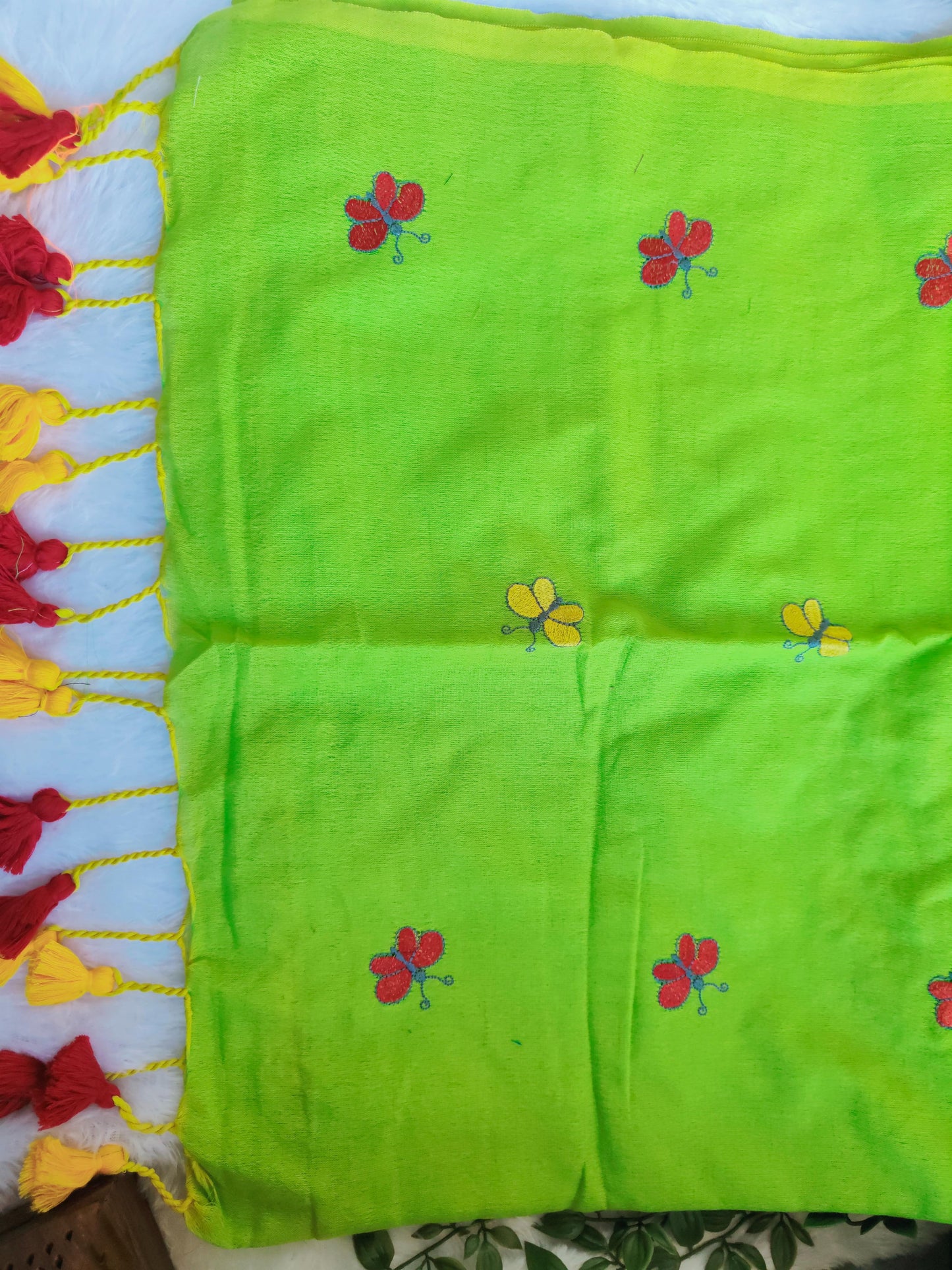 PARROT GREEN BUTTERFLY KHADI COTTON SAREE