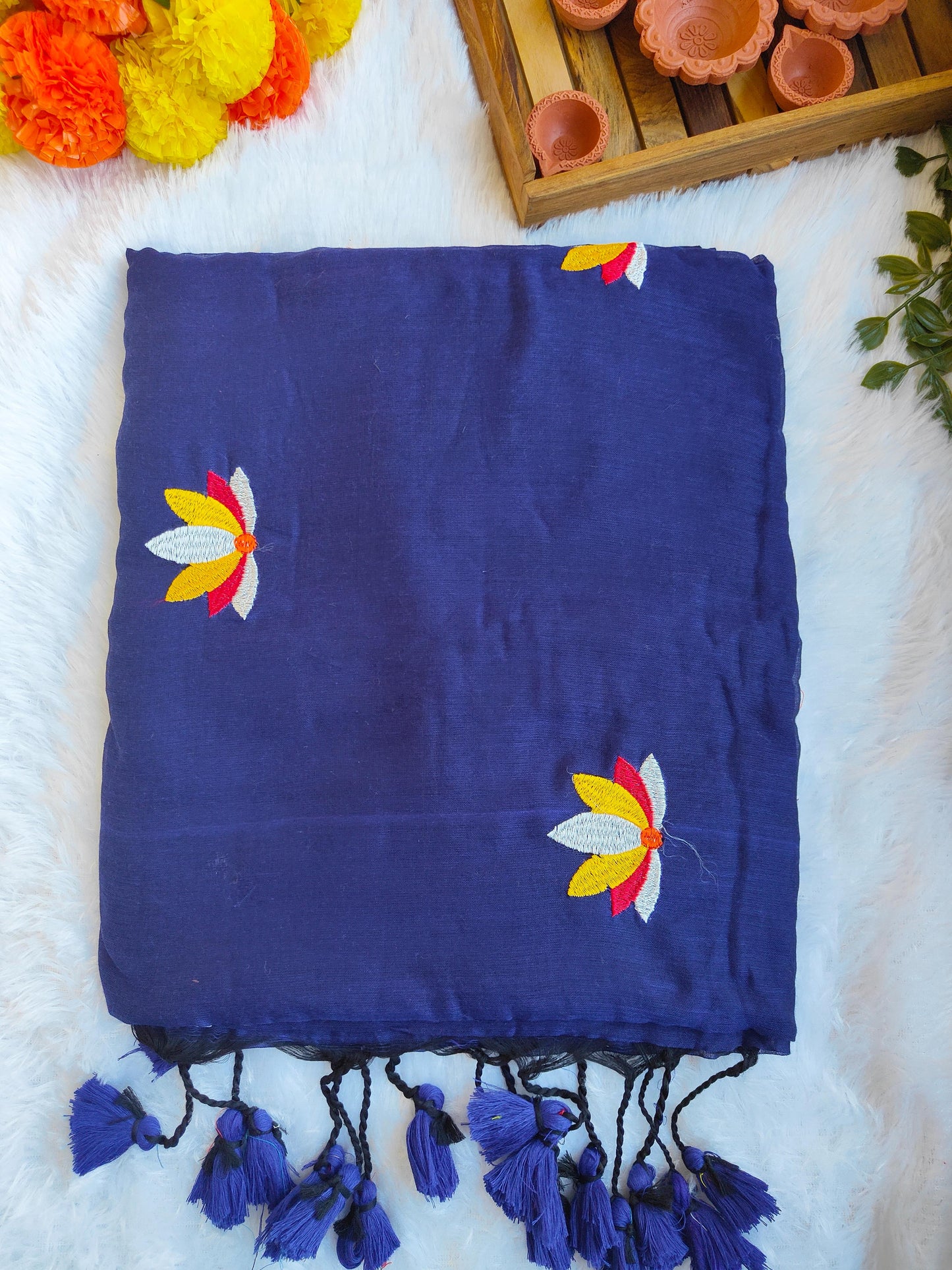 BLUE LOTUS EMBROIDERED MUL COTTON SAREE