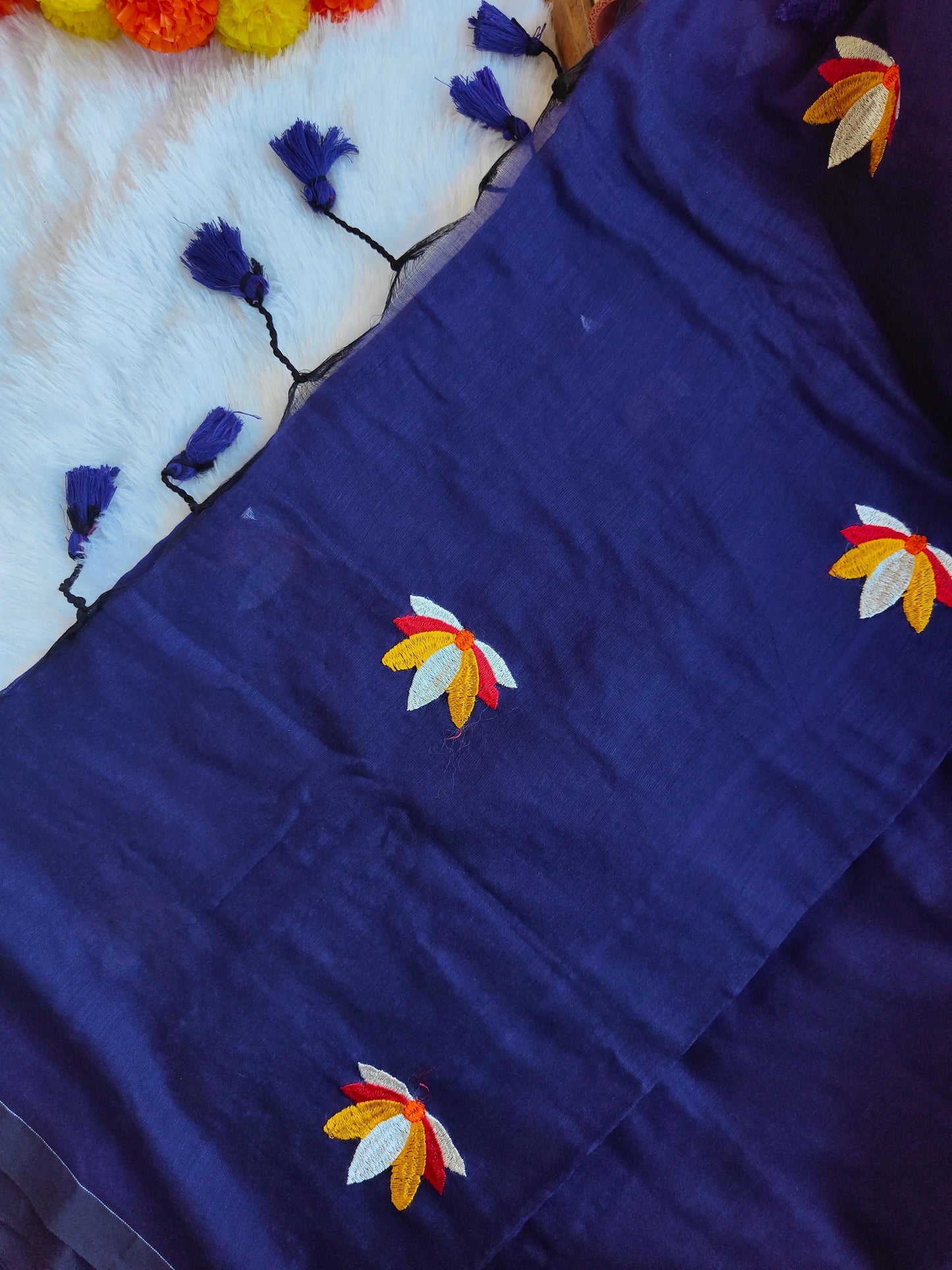 BLUE LOTUS EMBROIDERED MUL COTTON SAREE