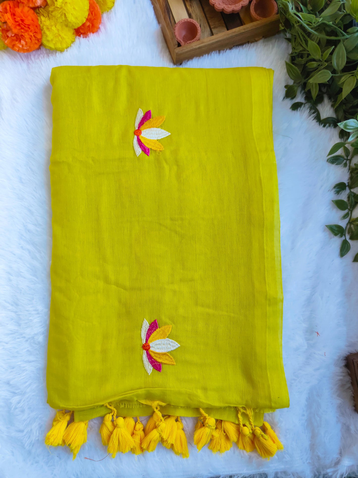 PARROT GREEN LOTUS EMBROIDERED MUL COTTON SAREE