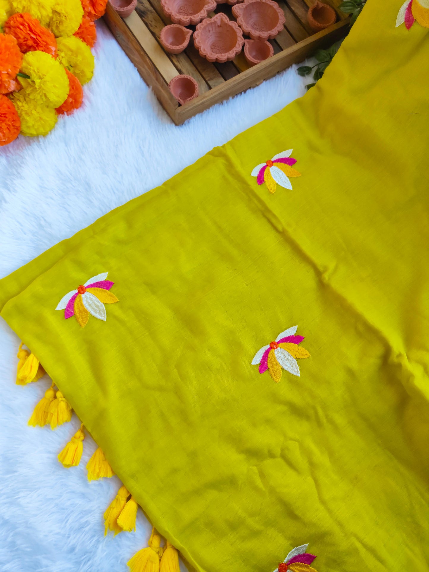 PARROT GREEN LOTUS EMBROIDERED MUL COTTON SAREE
