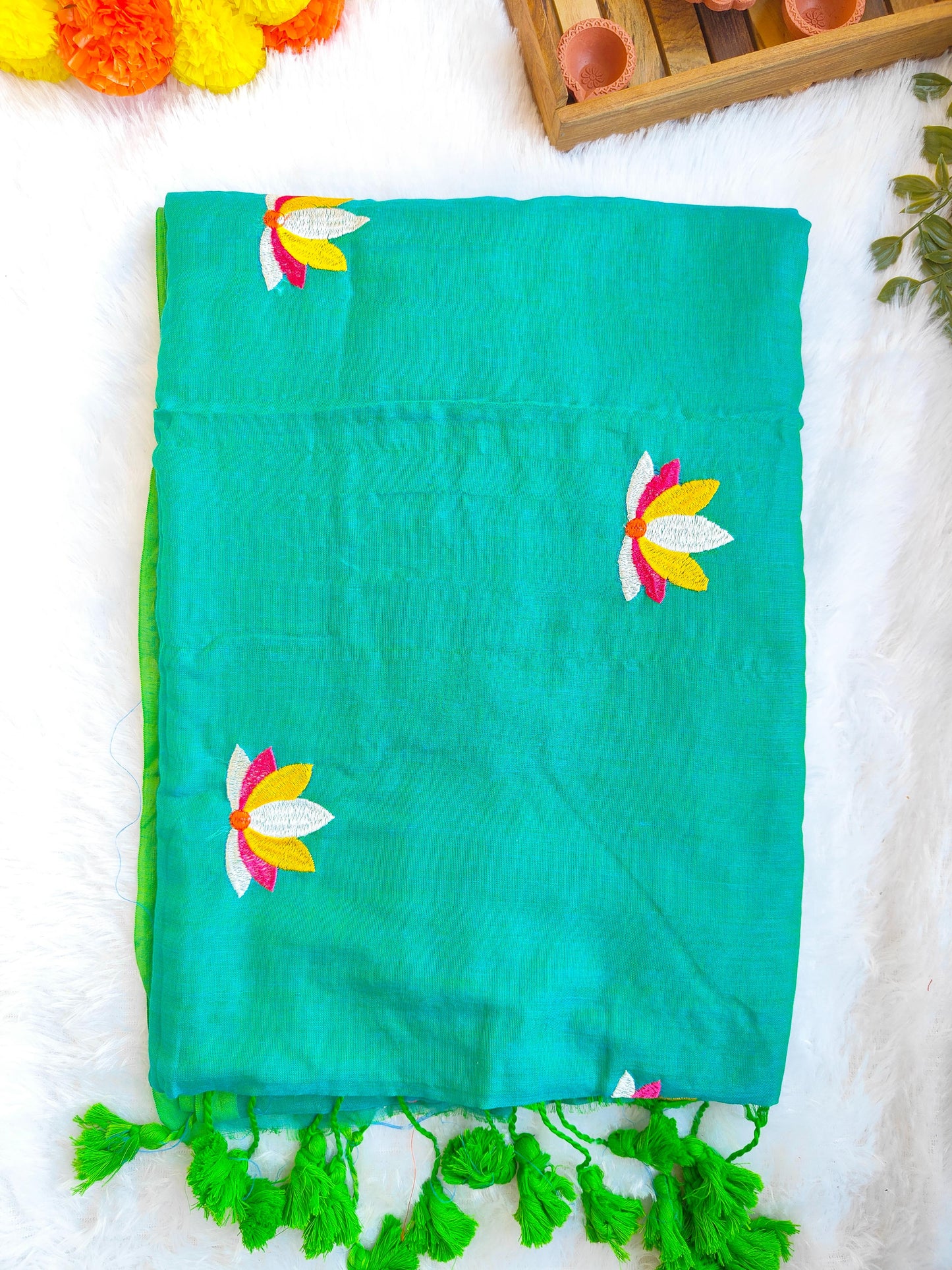 SEA GREEN LOTUS EMBROIDERED MUL COTTON SAREE