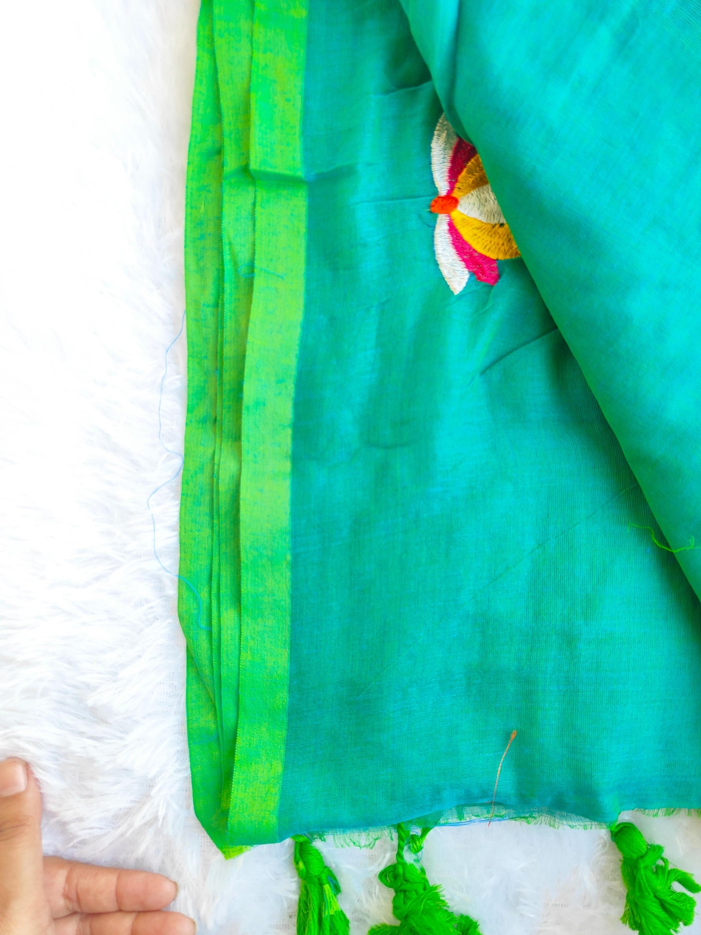 SEA GREEN LOTUS EMBROIDERED MUL COTTON SAREE
