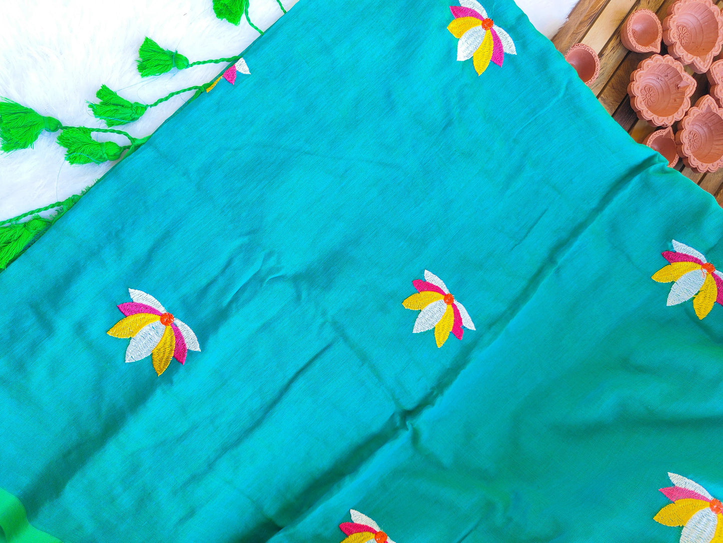 SEA GREEN LOTUS EMBROIDERED MUL COTTON SAREE