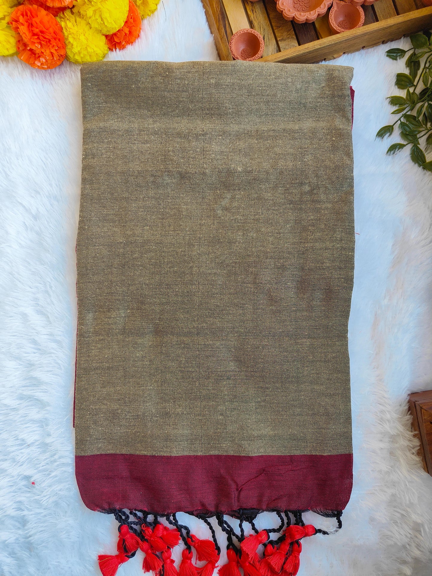 GREY AND MAROON KHADI COTTON SAREE
