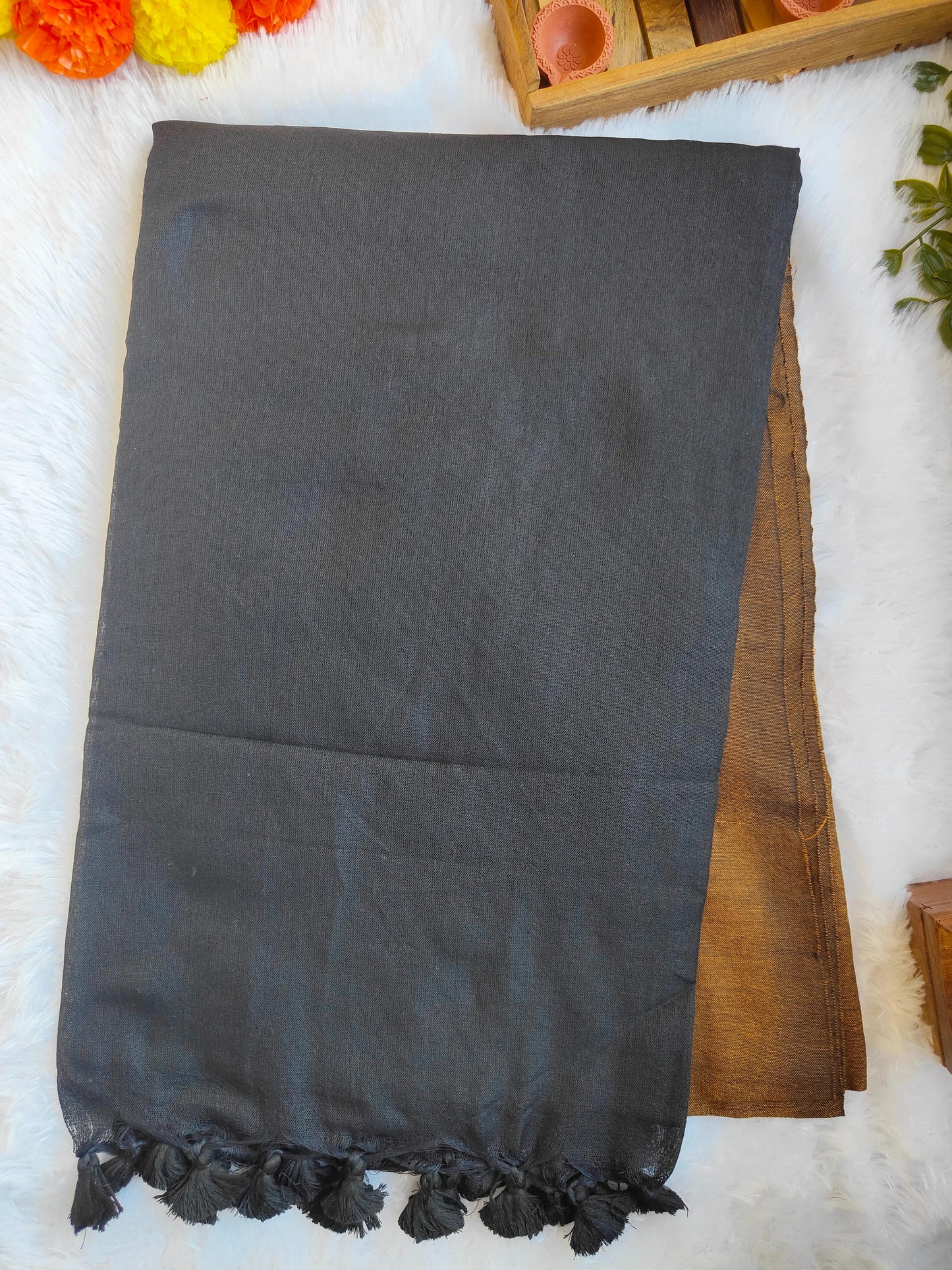 BROWN AND BLACK KHADI COTTON SAREE
