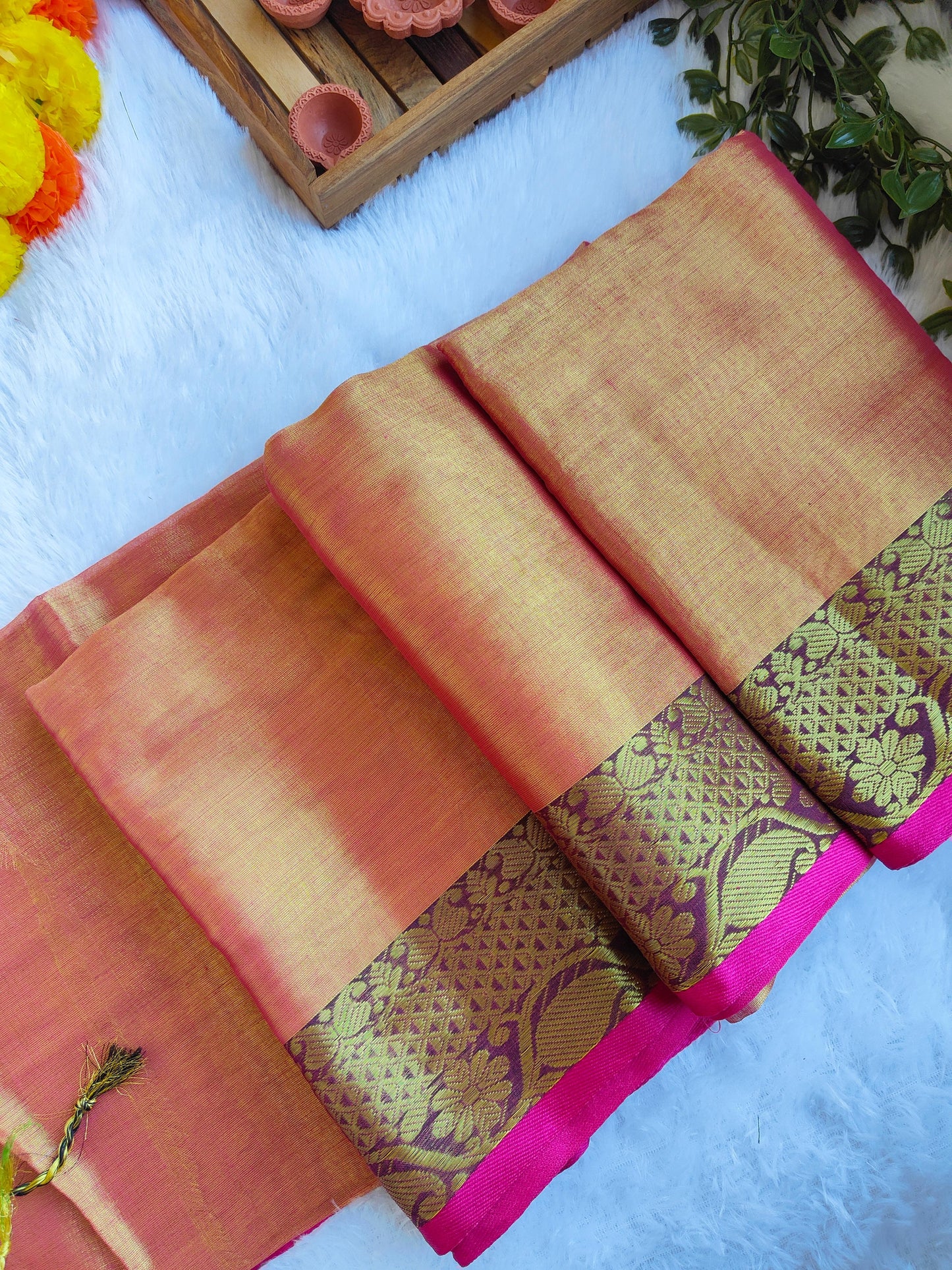 ORANGE BORDER COTTON TISSUE SAREE